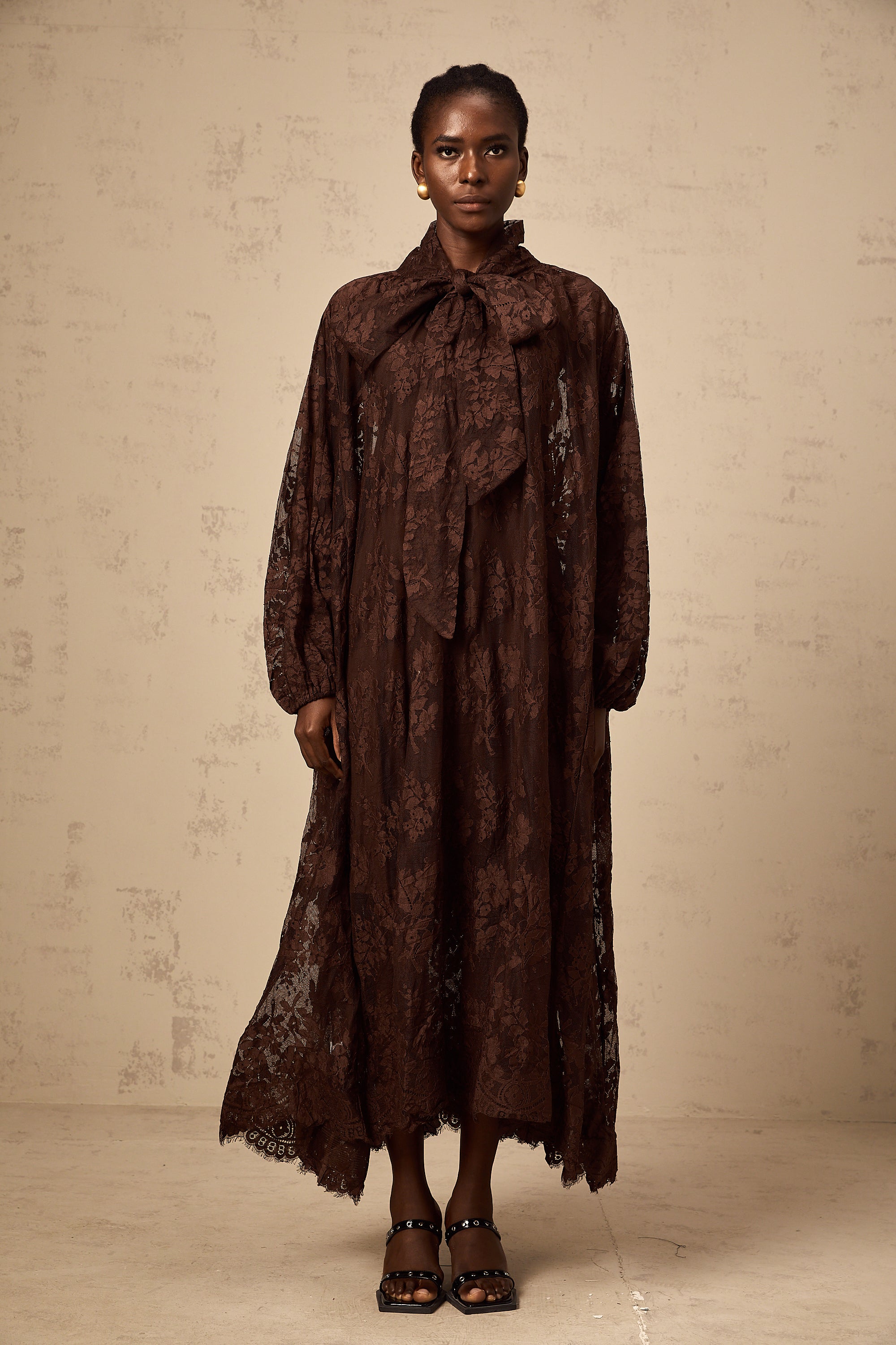 Sylvie brown chantilly-lace flared midi dress (Final Sale-US Only)