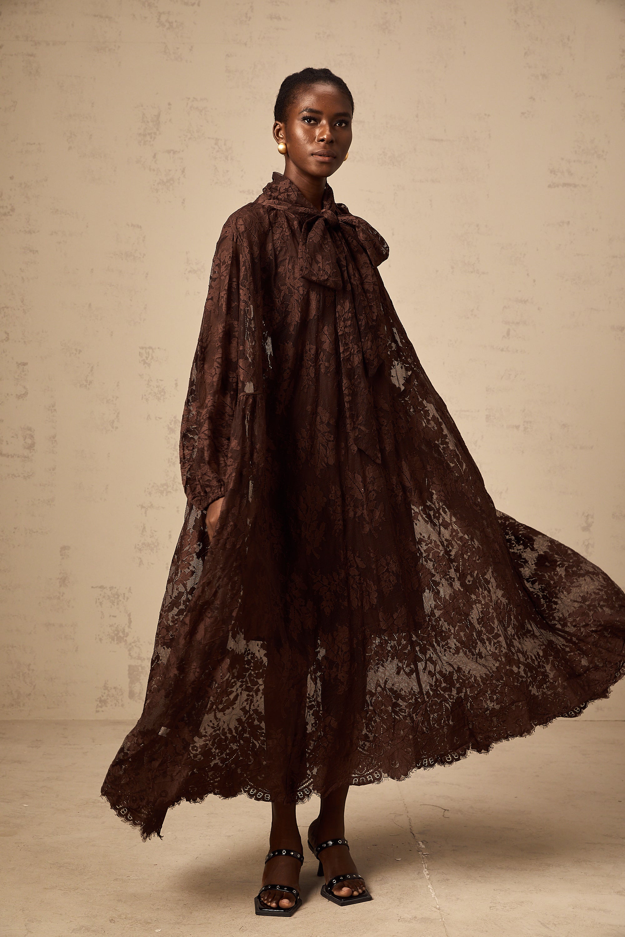 Sylvie brown chantilly-lace flared midi dress (Final Sale-US Only)
