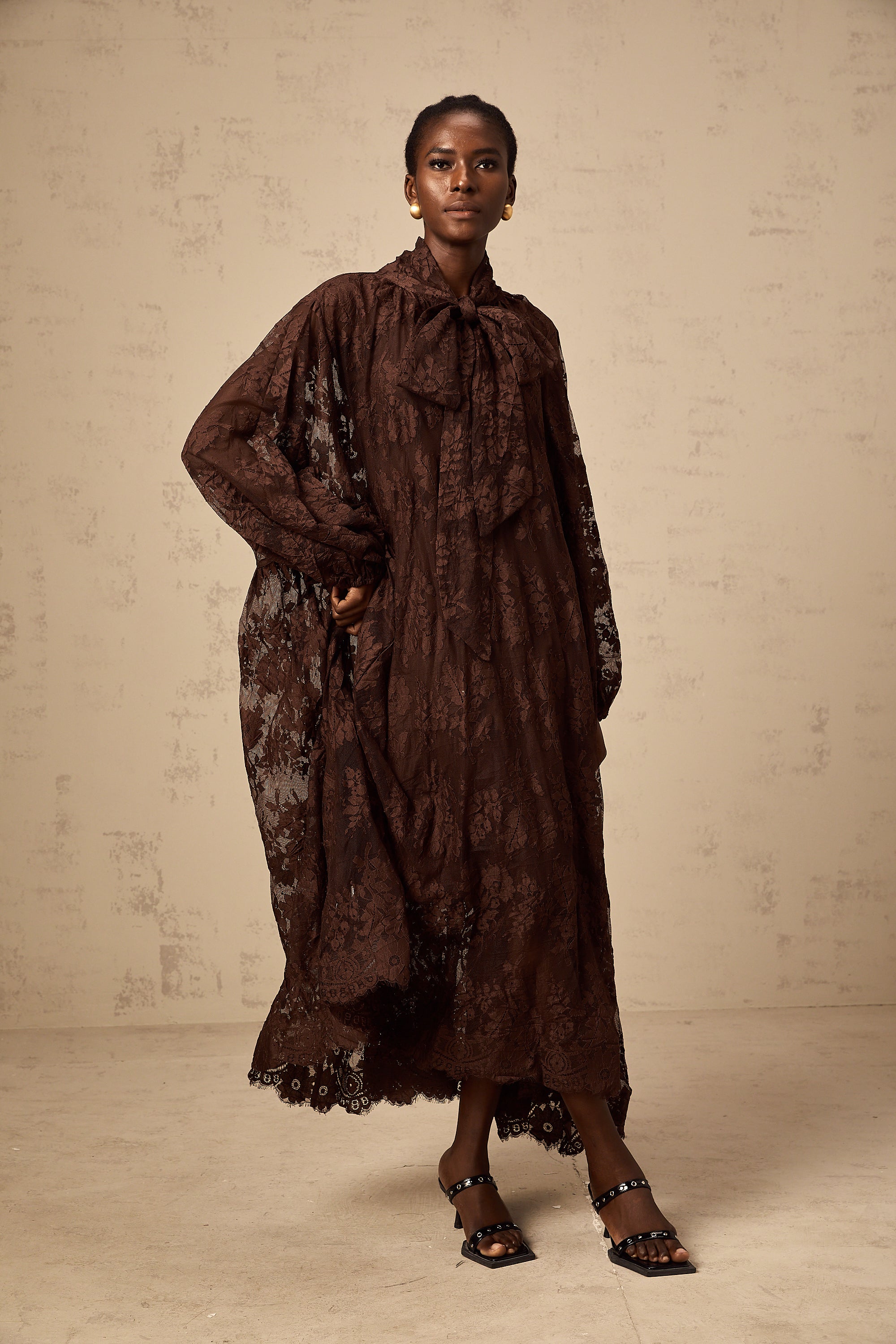 Sylvie brown chantilly-lace flared midi dress (Final Sale-US Only)