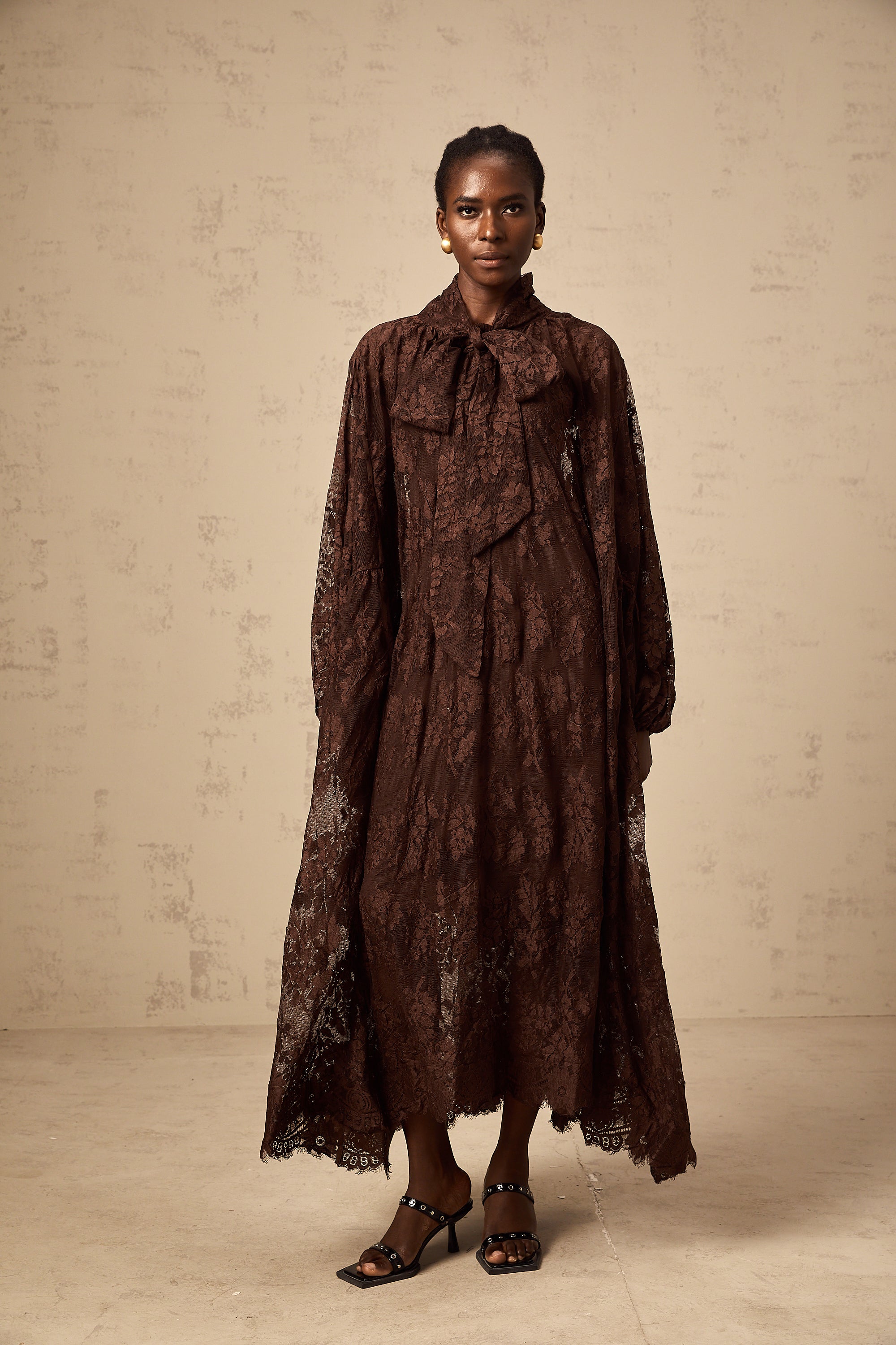 Sylvie brown chantilly-lace flared midi dress (Final Sale-US Only)