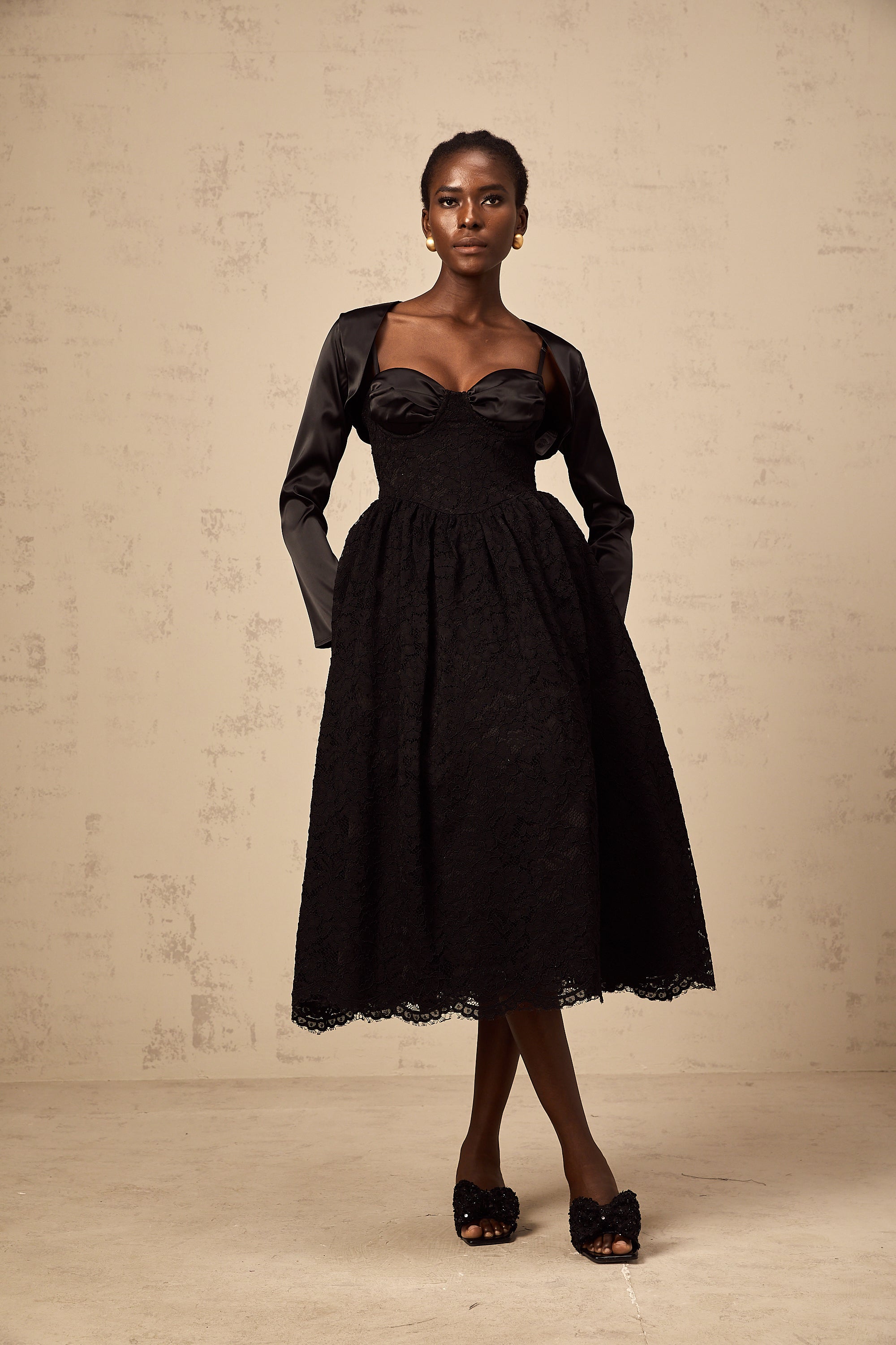 Sidonie black floral-lace top & dress matching set