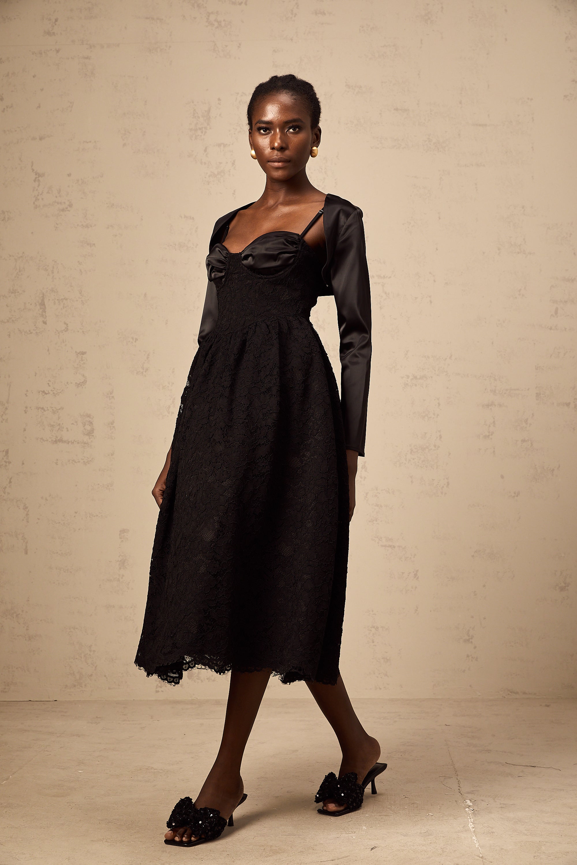 Sidonie black floral-lace top & dress matching set