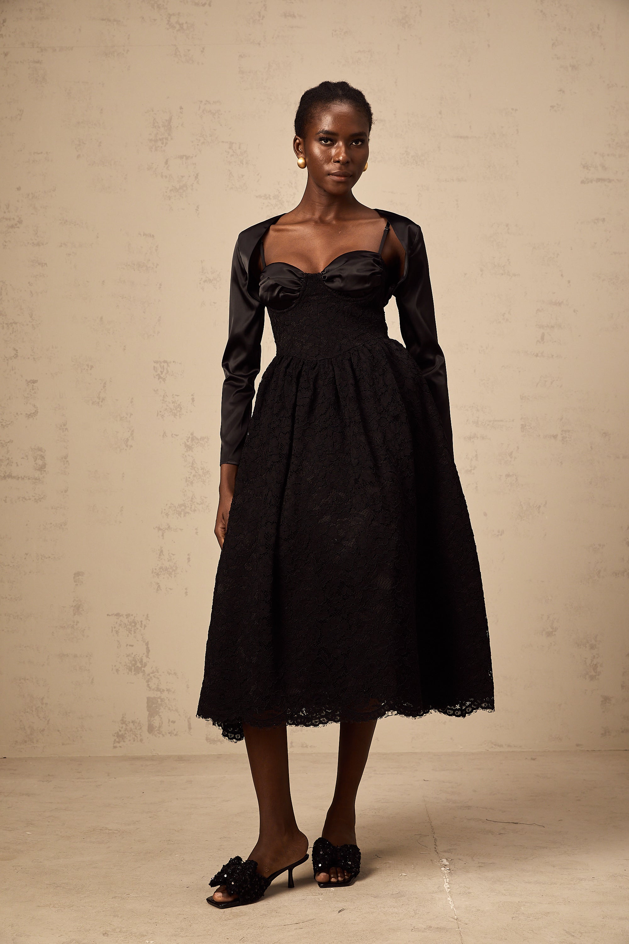 Sidonie black floral-lace top & dress matching set