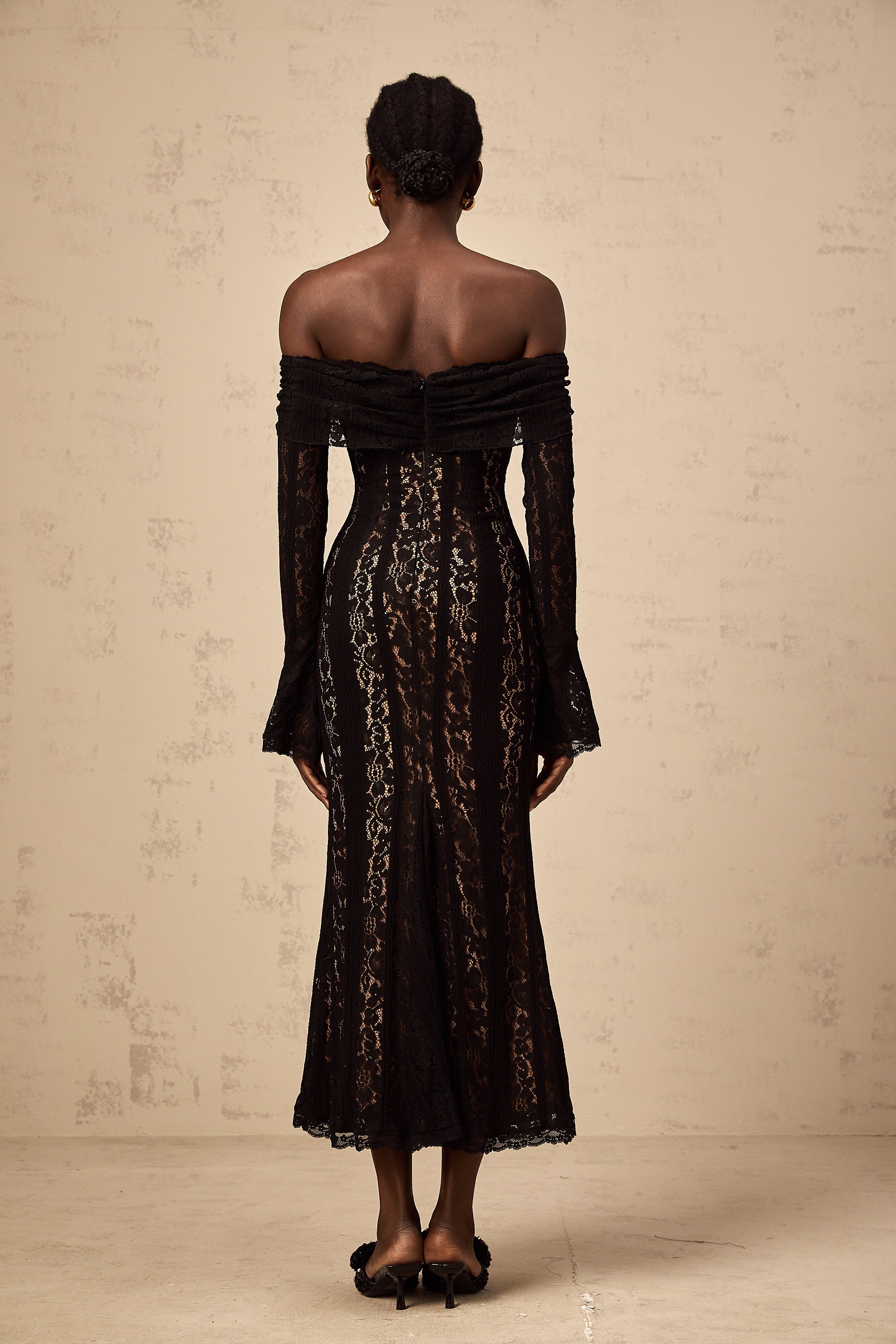 Émeline floral lace flared-cuff midi dress in Black (Final Sale-US Only)