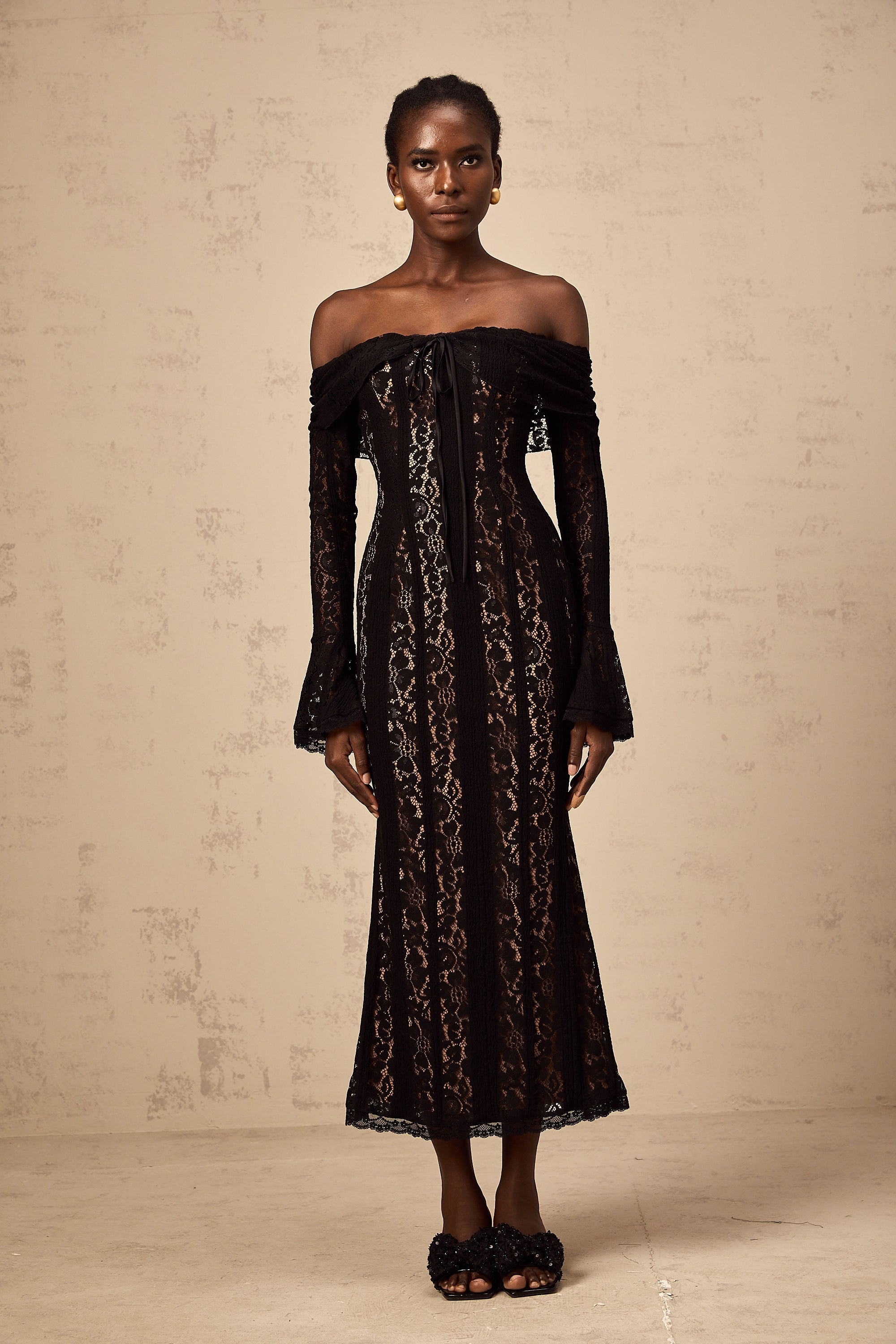 Émeline floral lace flared-cuff midi dress in Black (Final Sale-US Only)