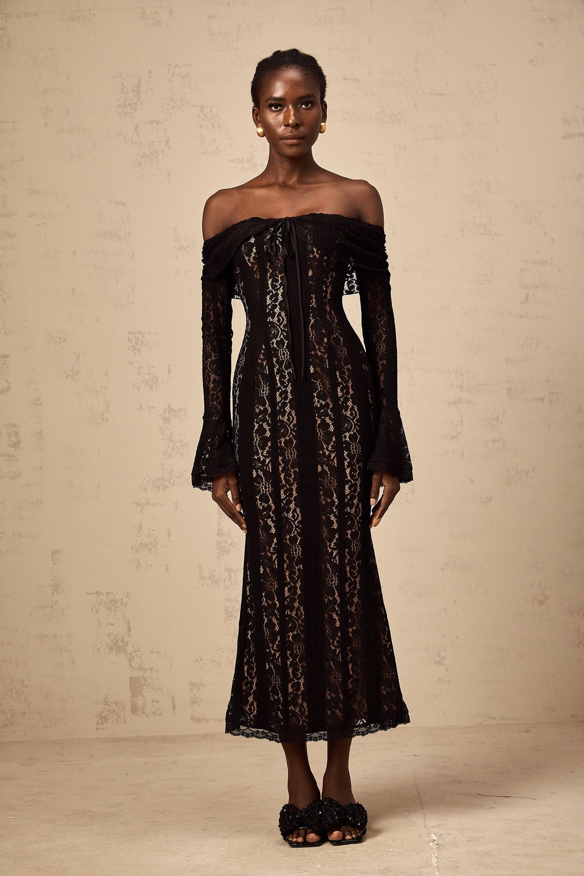 Émeline floral lace flared-cuff midi dress in Black (Final Sale-US Only)