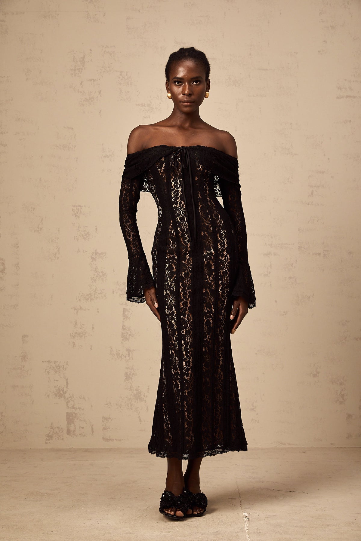 Émeline floral lace flared-cuff midi dress in Black (Final Sale-US Only)