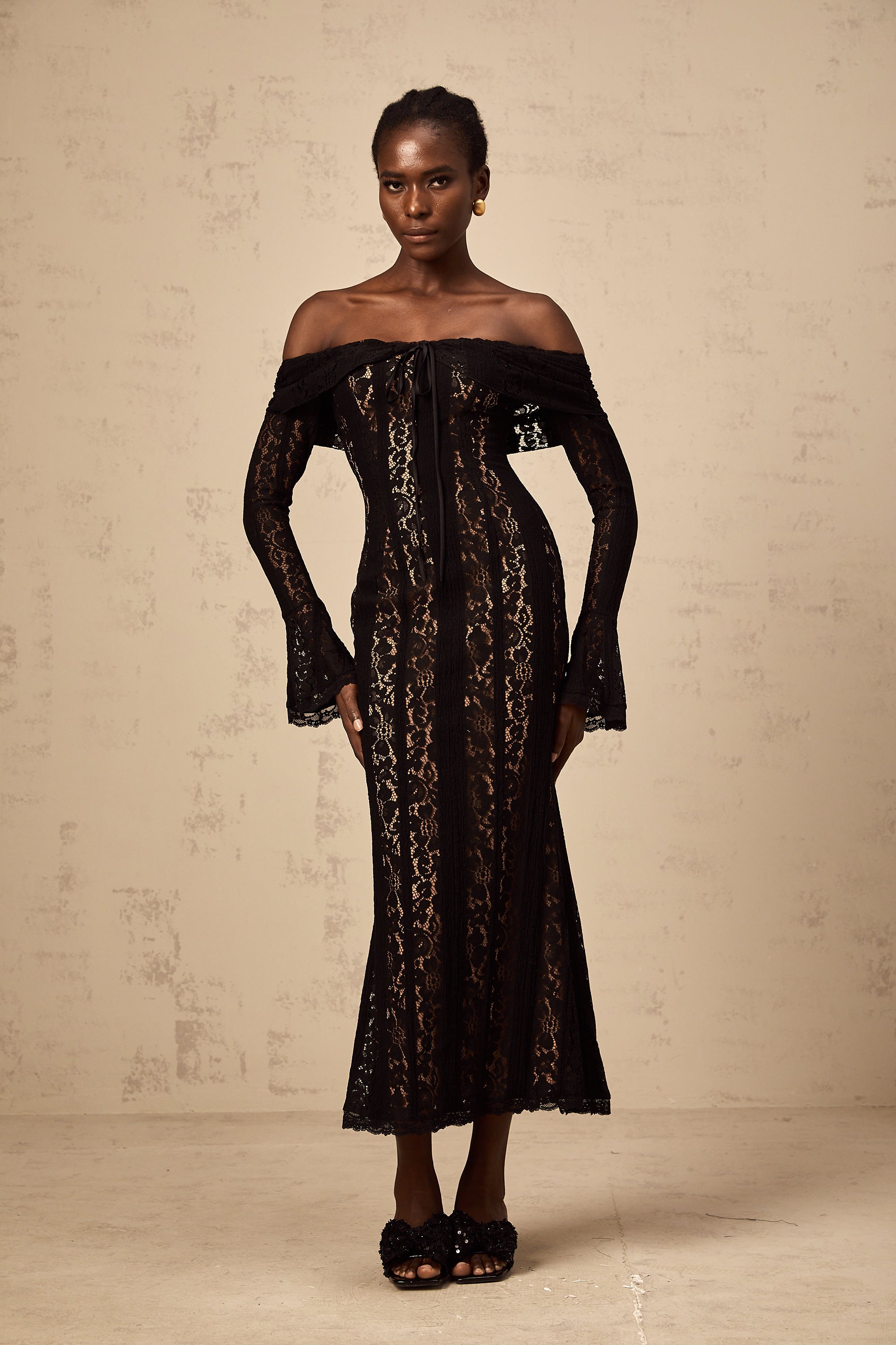 Émeline floral lace flared-cuff midi dress in Black (Final Sale-US Only)