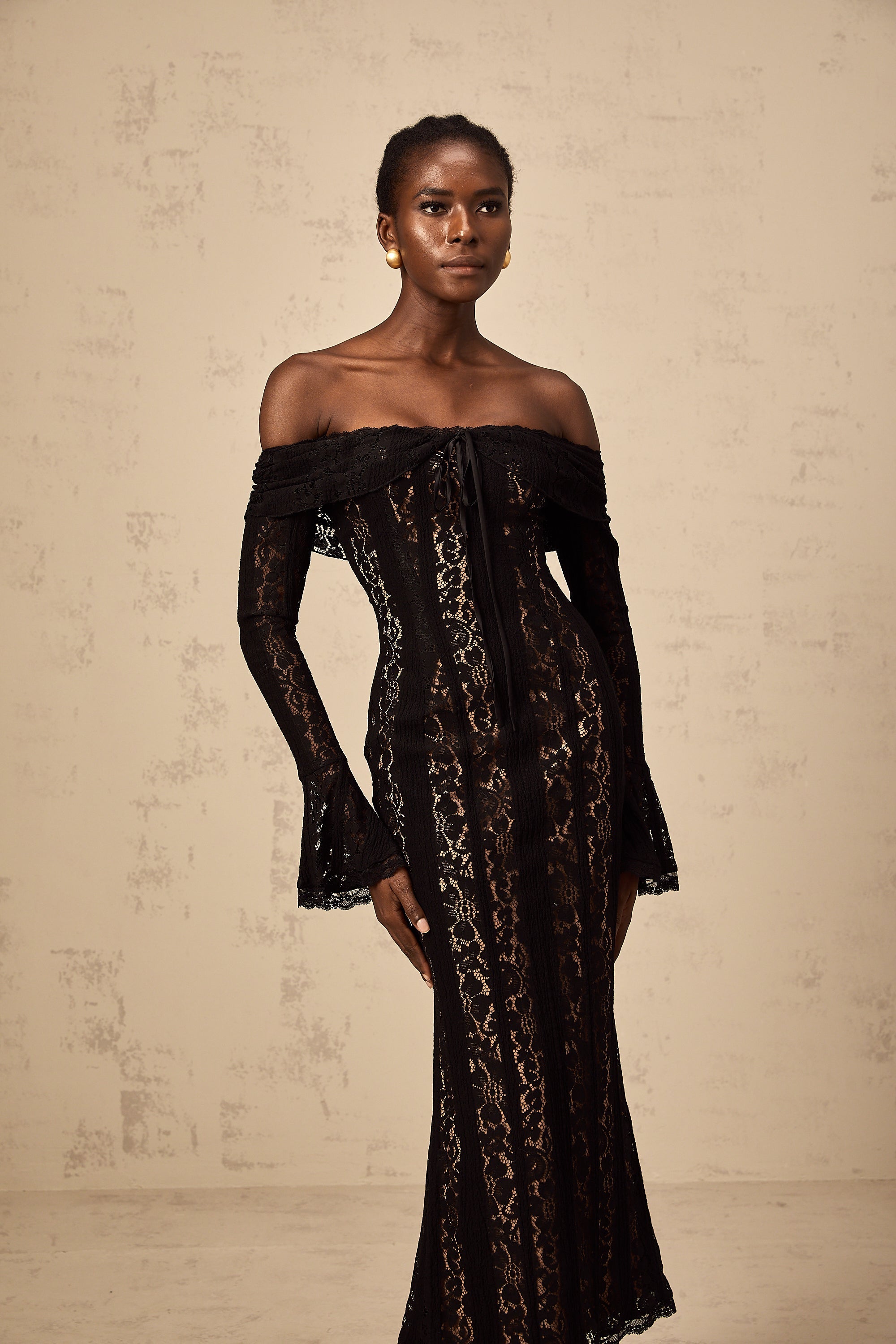 Émeline floral lace flared-cuff midi dress in Black (Final Sale-US Only)