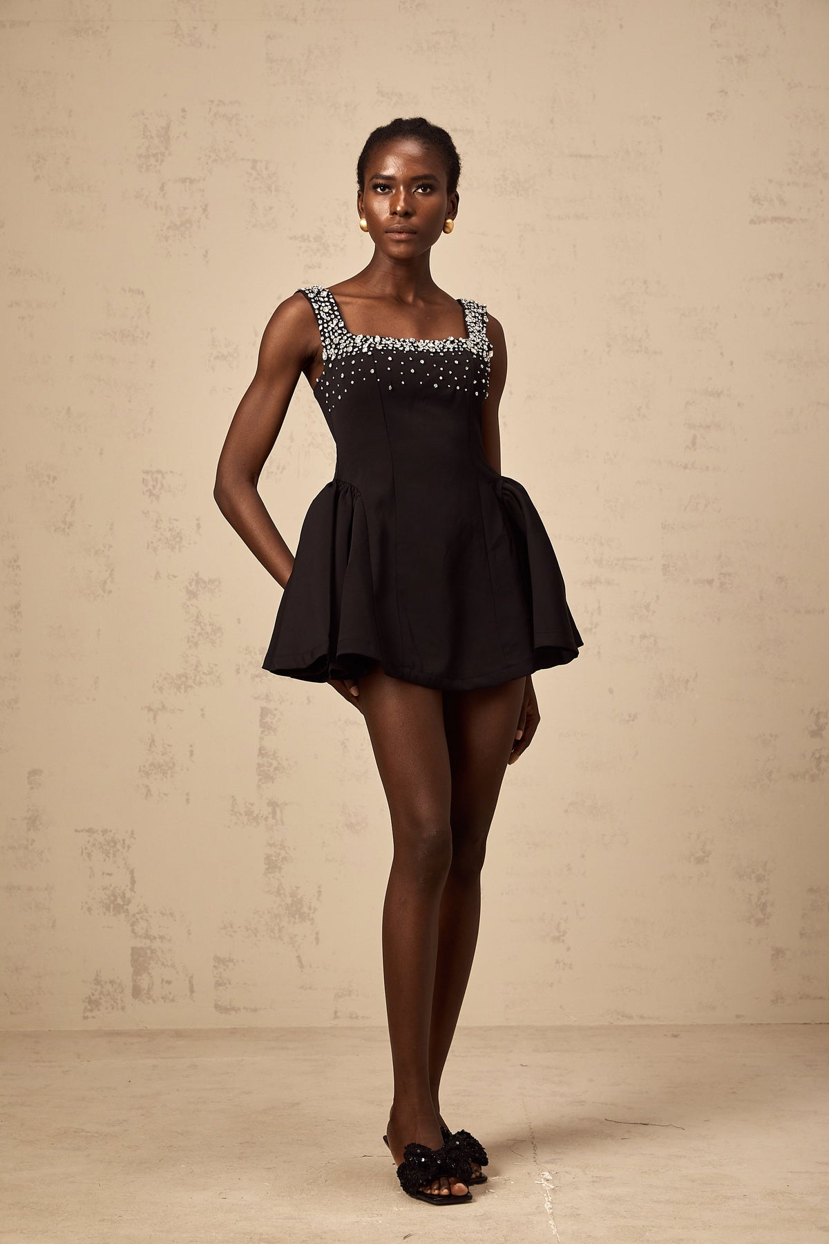 Mélanie black crystal-embellished flared mini dress