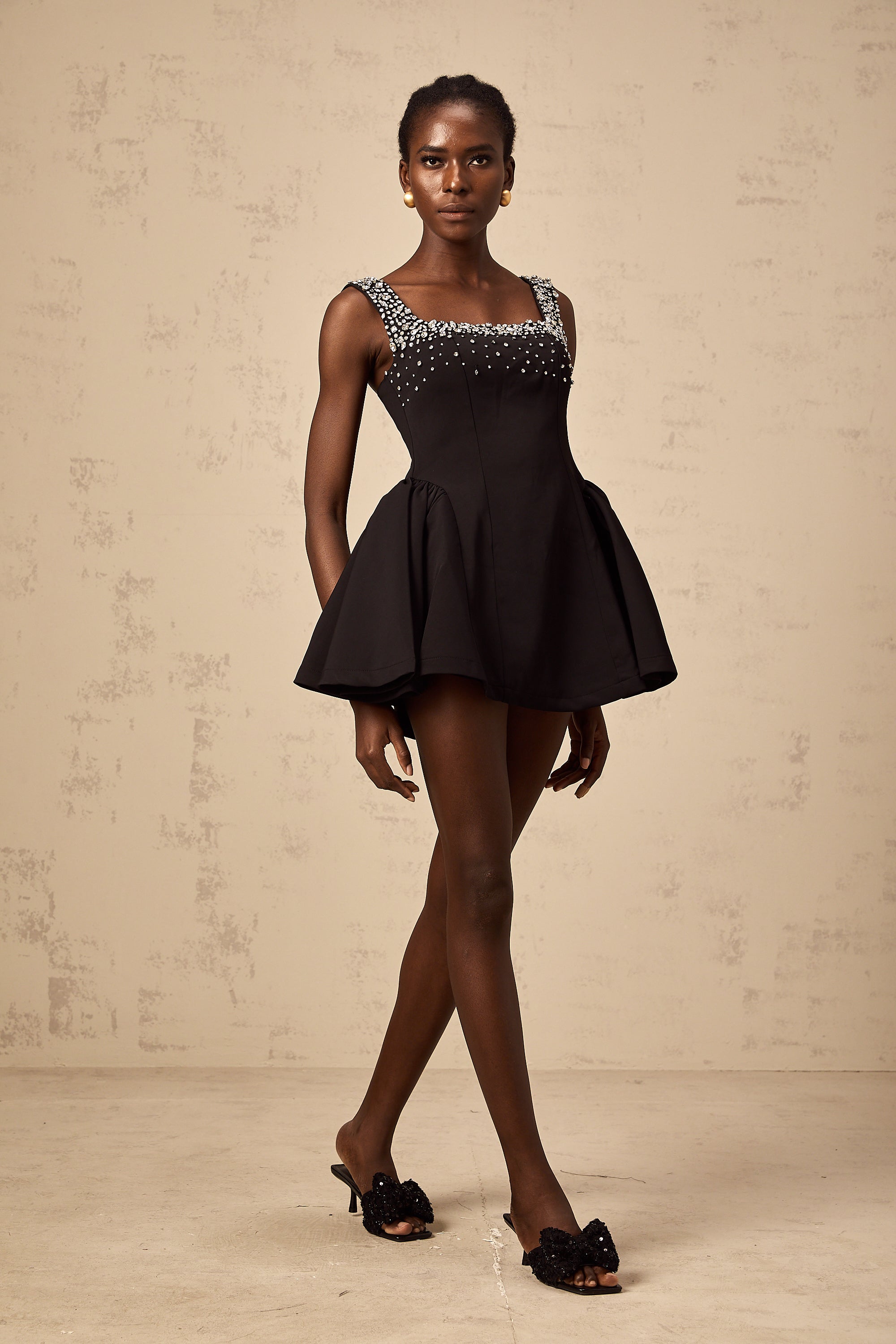 Mélanie black crystal-embellished flared mini dress