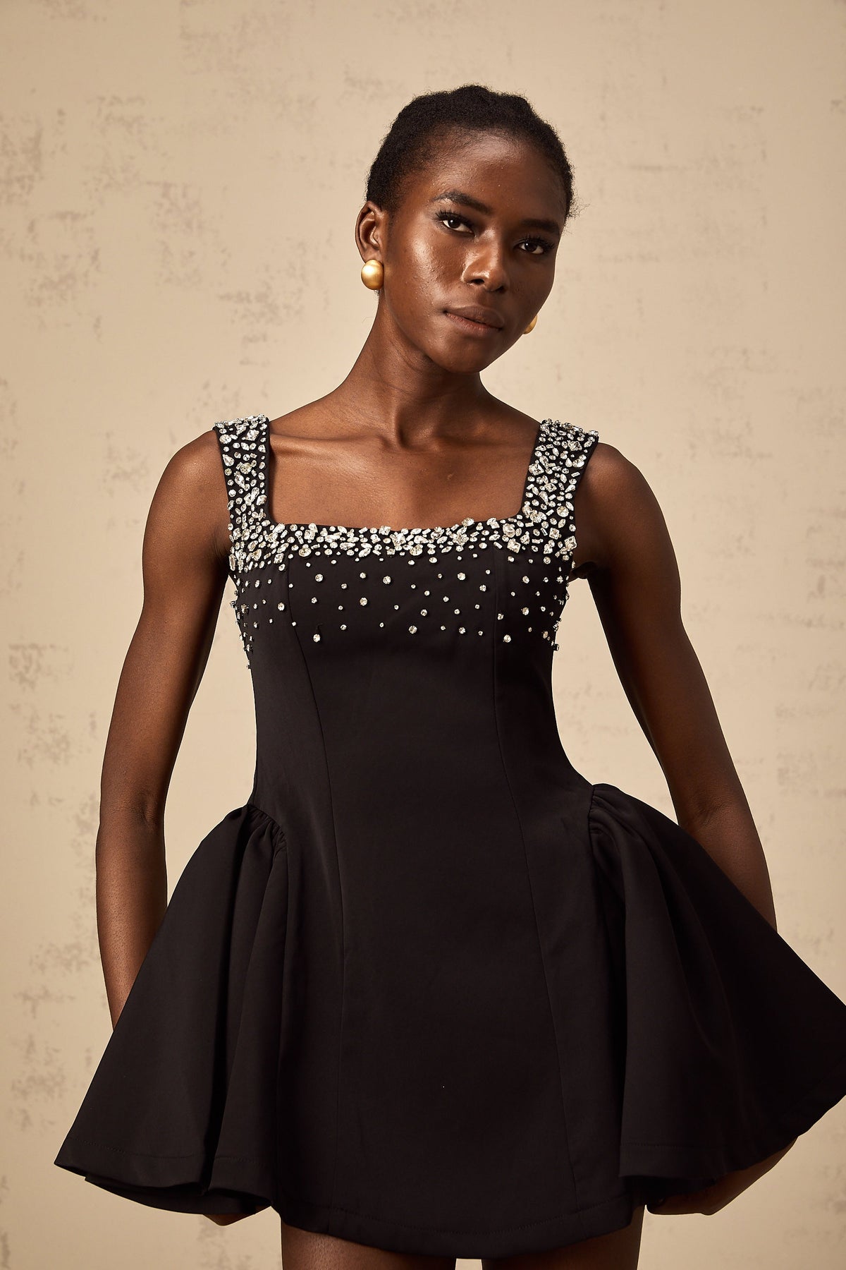 Mélanie black crystal-embellished flared mini dress