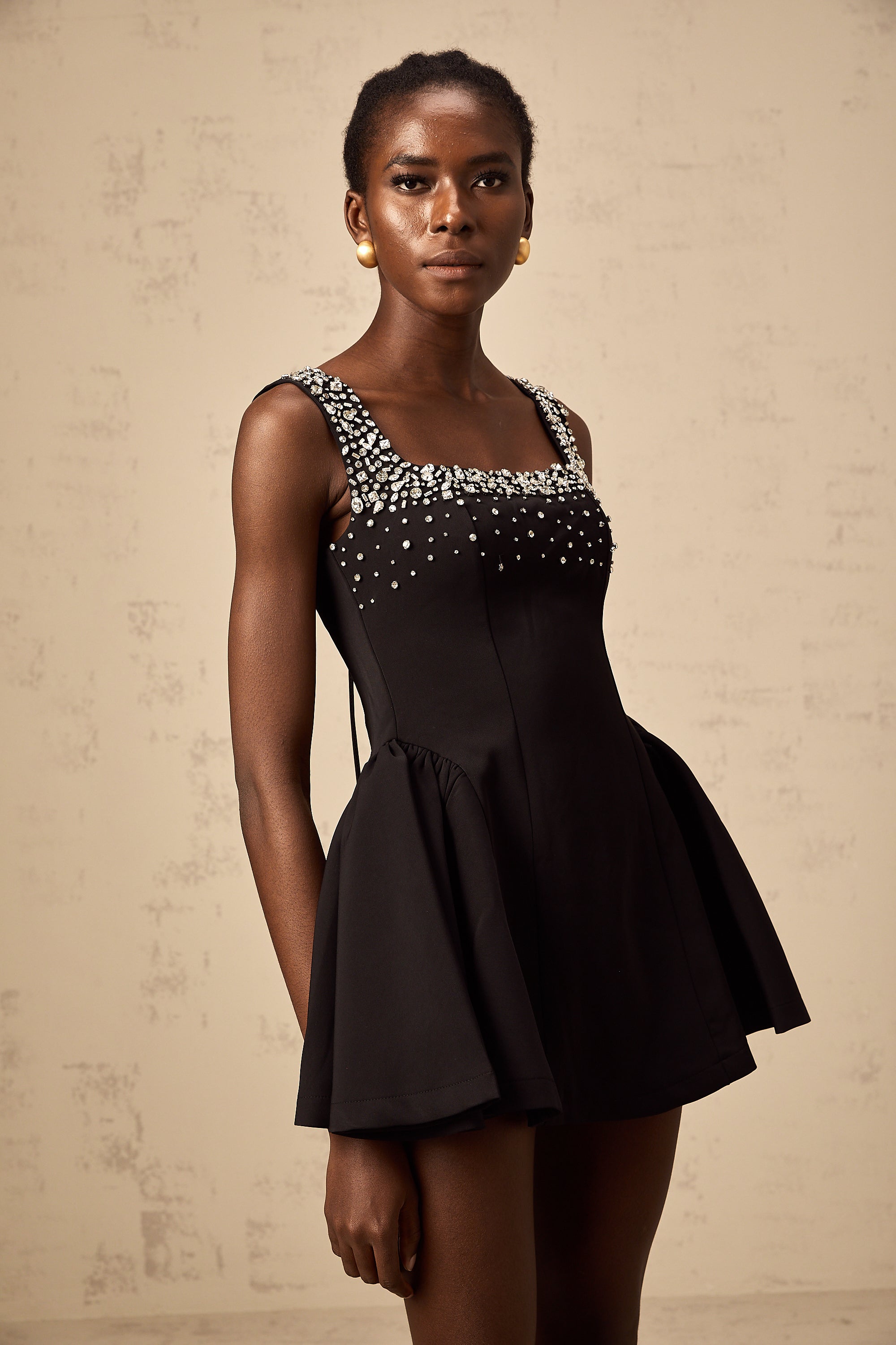 Mélanie black crystal-embellished flared mini dress