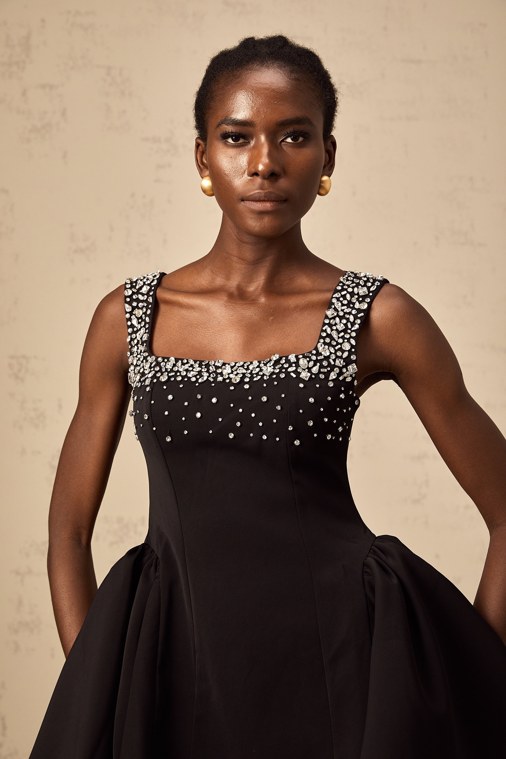 Mélanie black crystal-embellished flared mini dress