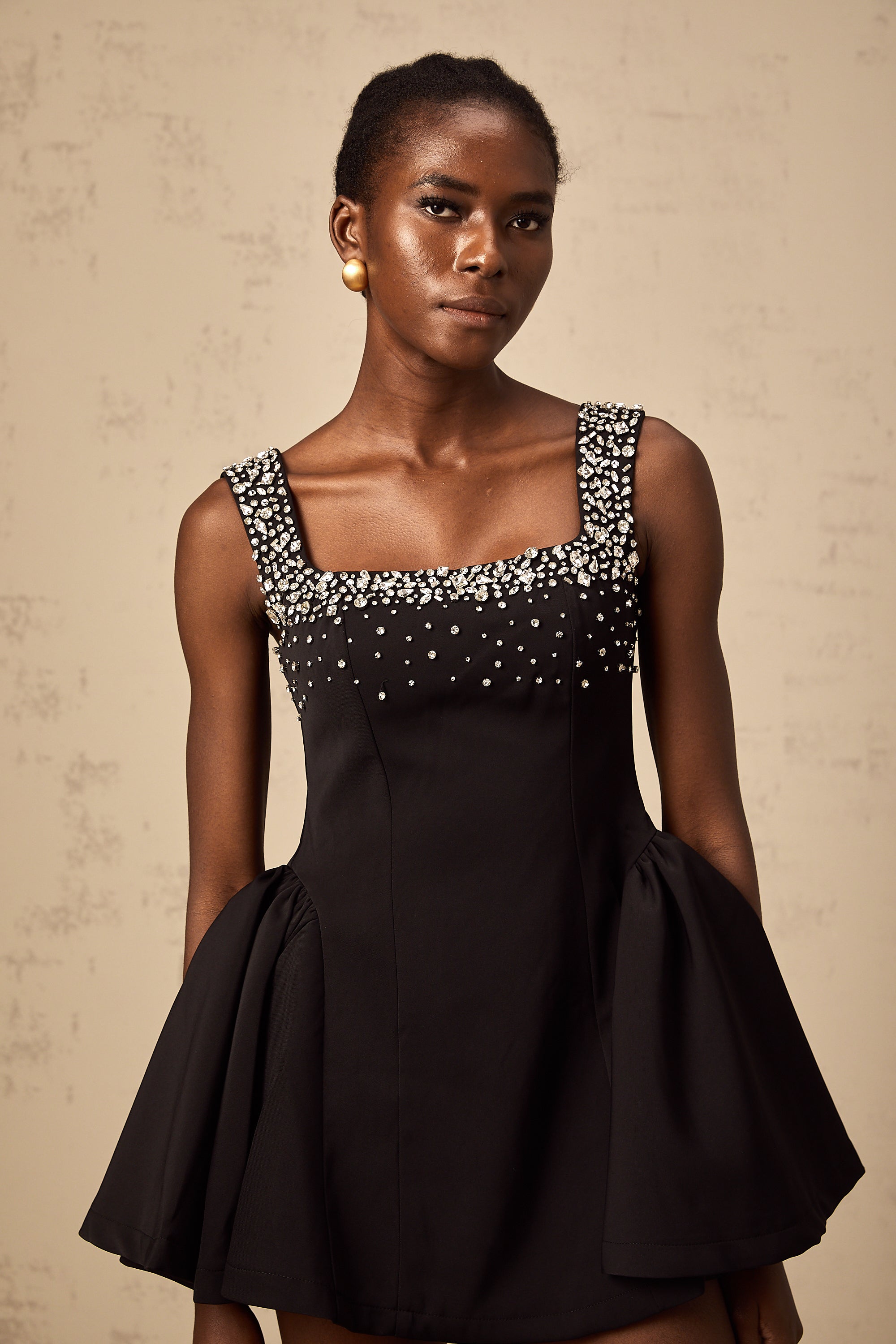 Mélanie black crystal-embellished flared mini dress