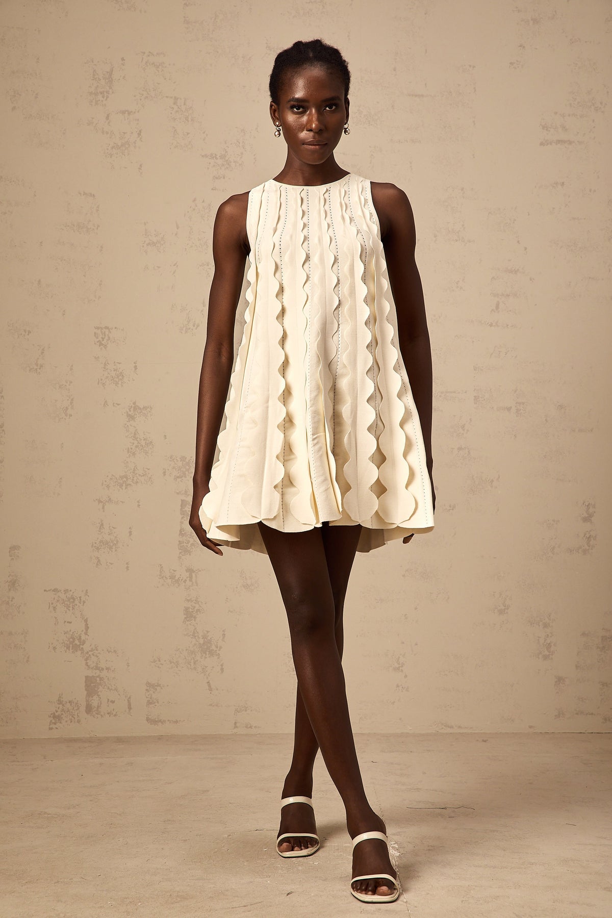Axelle white wavy-detail sleeveless mini dress - White