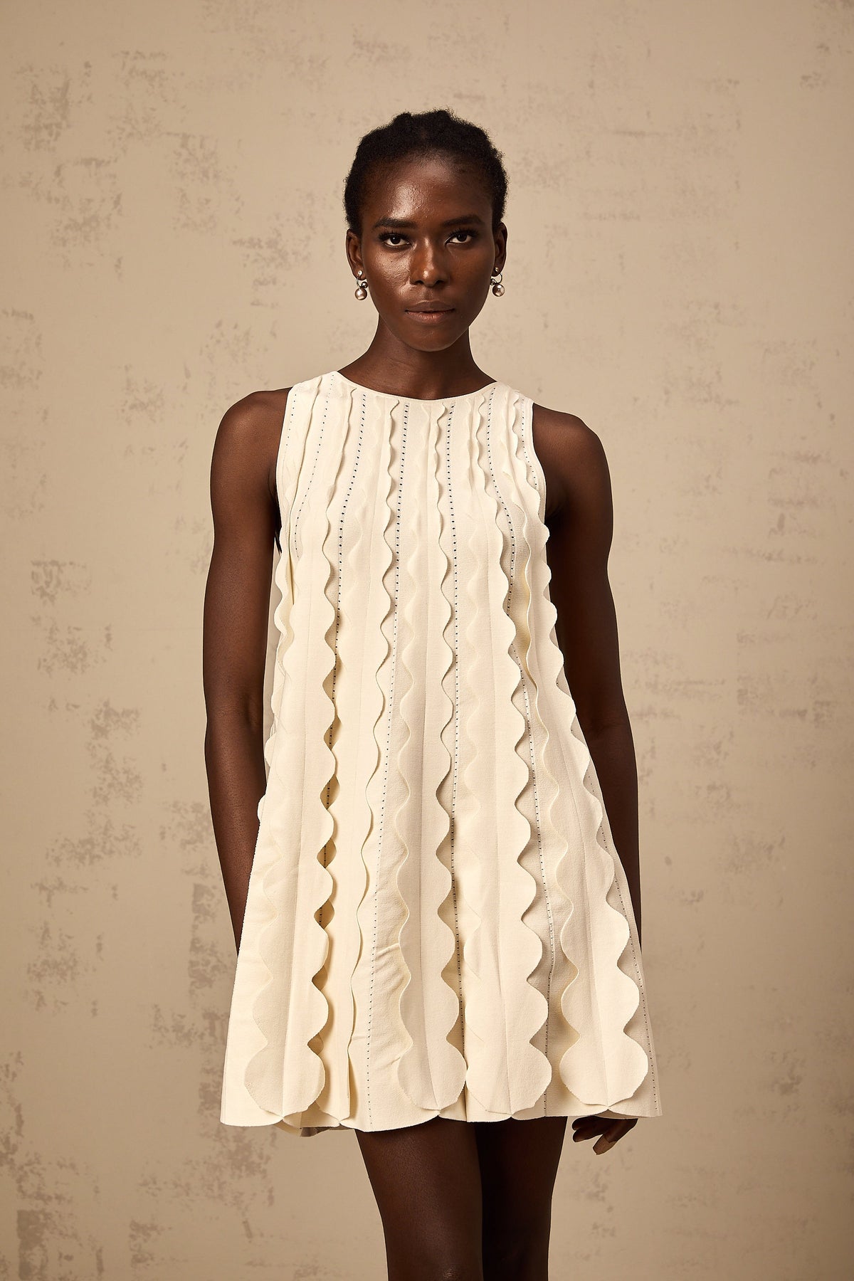 Axelle white wavy-detail sleeveless mini dress - White