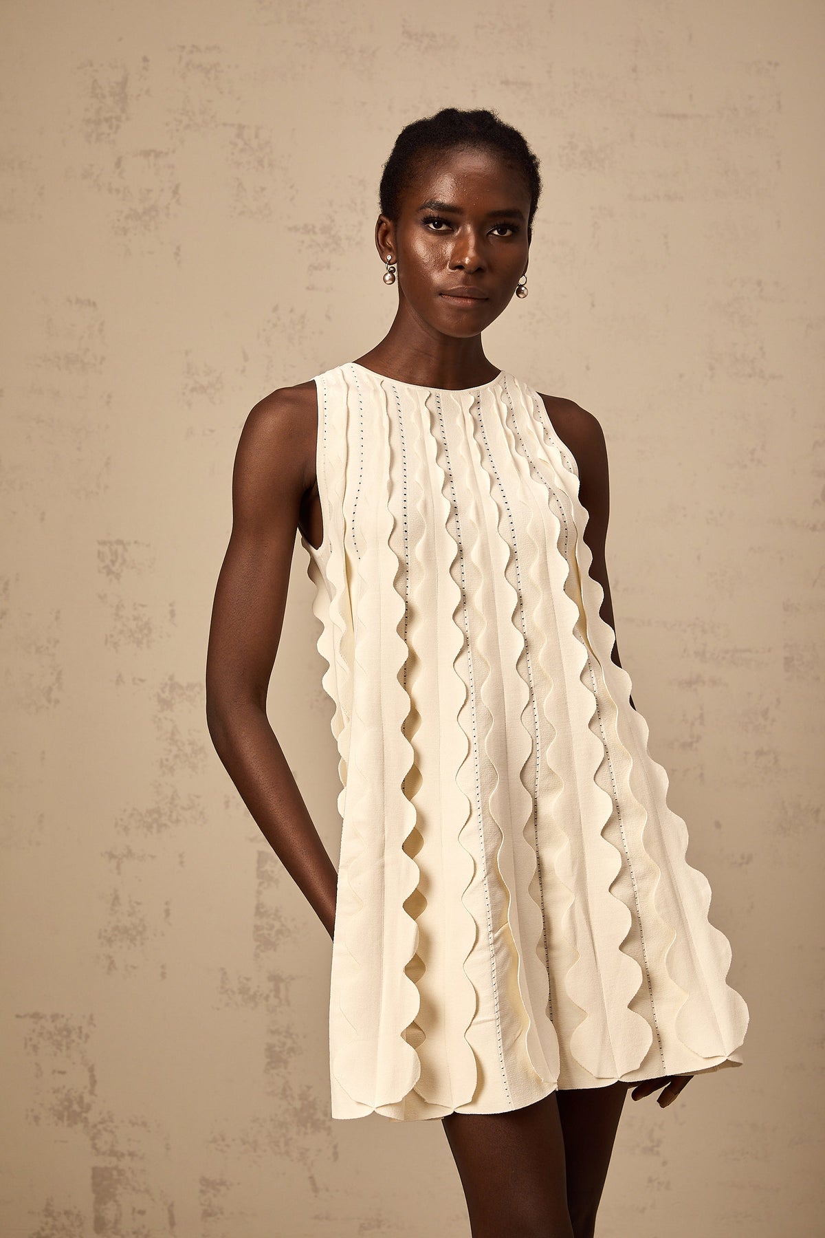 Axelle white wavy-detail sleeveless mini dress - White