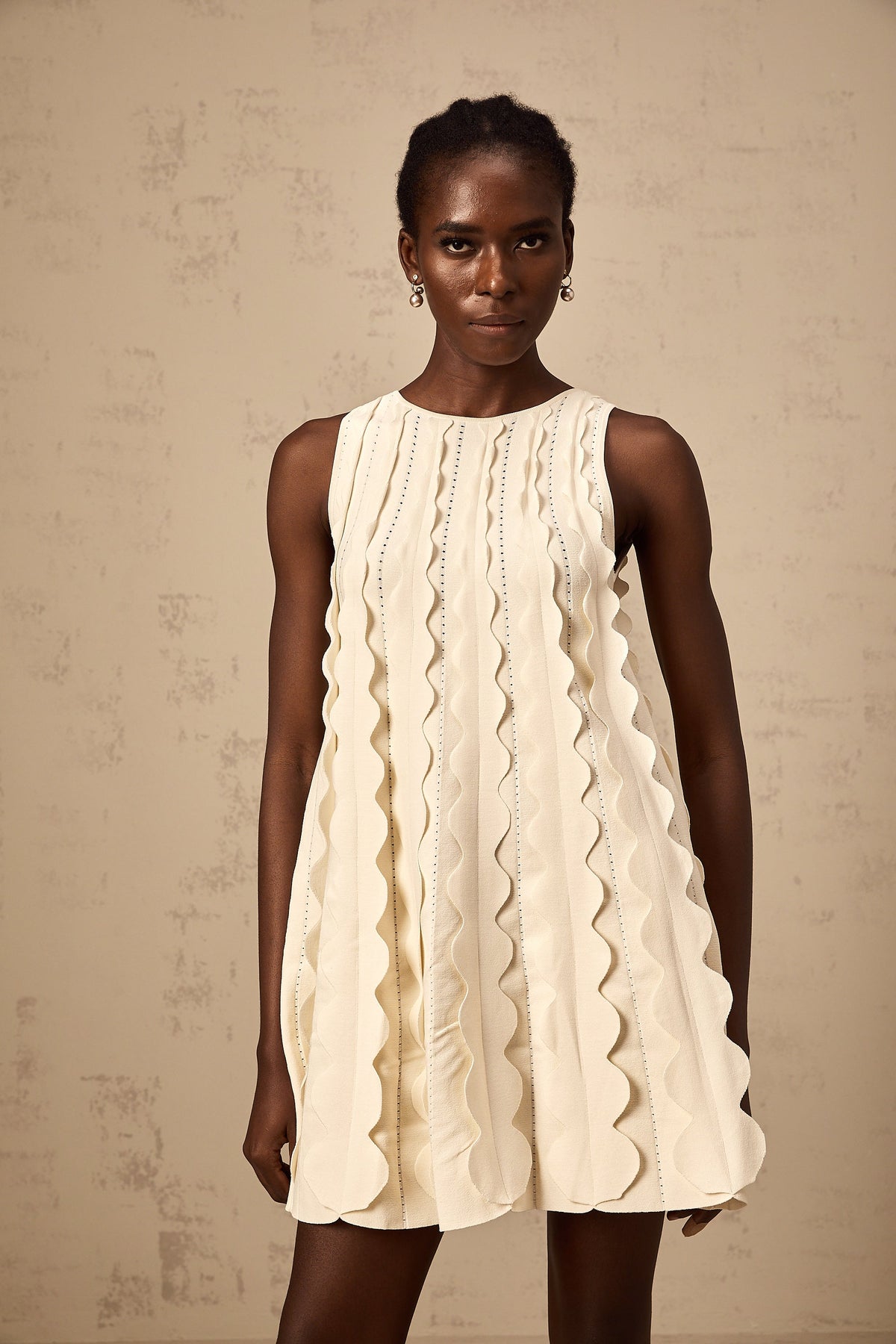 Axelle white wavy-detail sleeveless mini dress - White
