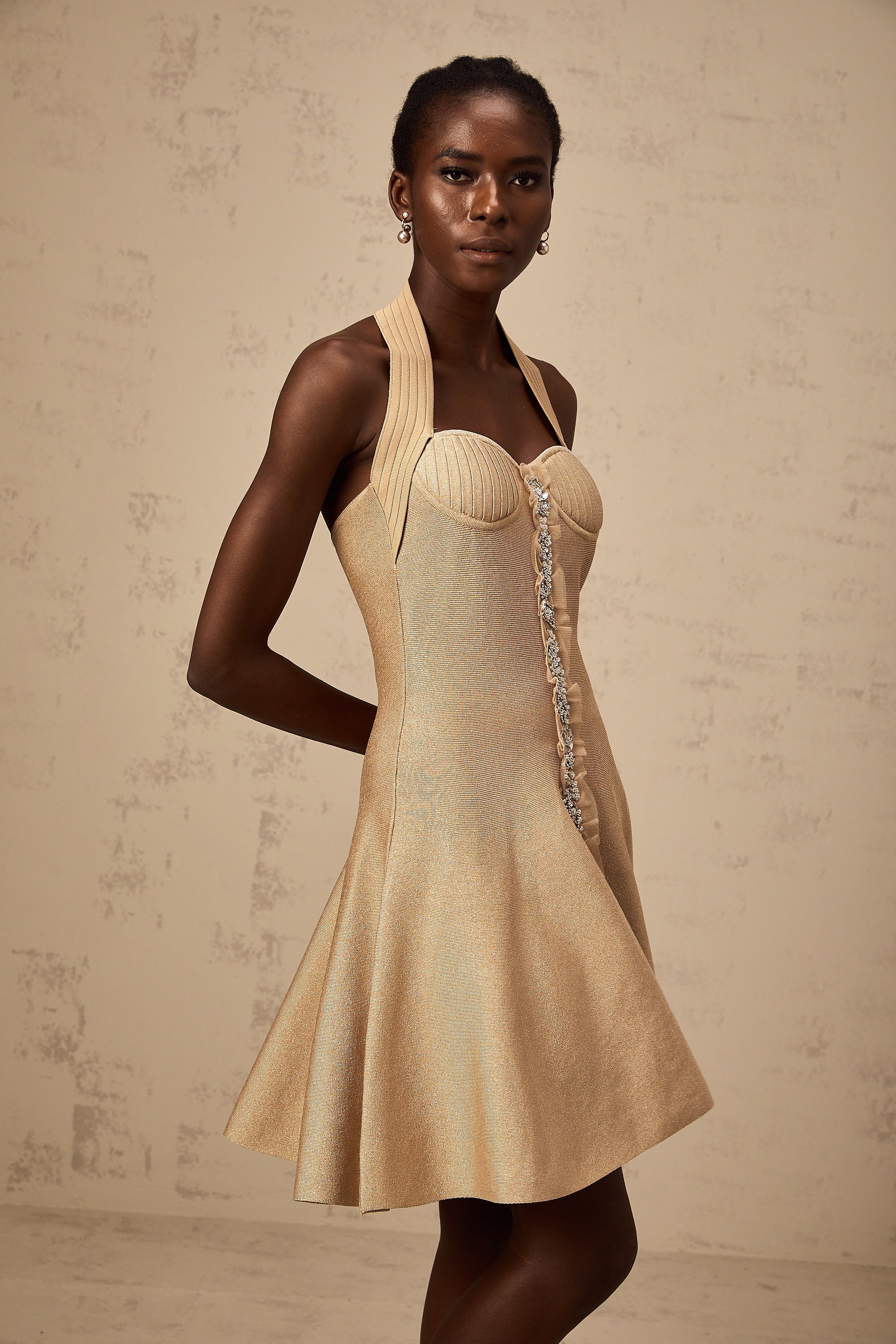 Gabrielle khaki embellished knitted mini dress