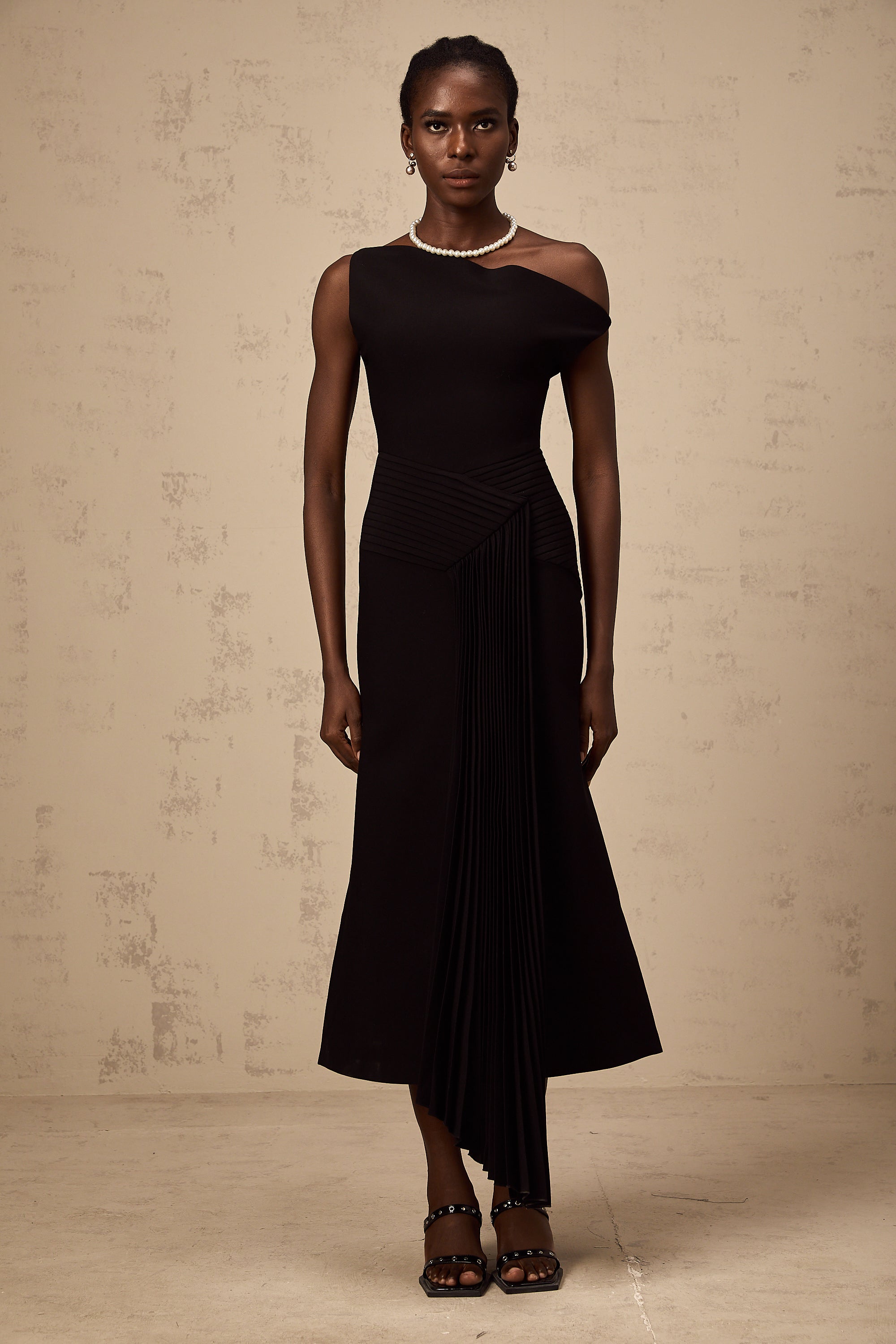 Laurine asymmetrical draped midi dress in Black