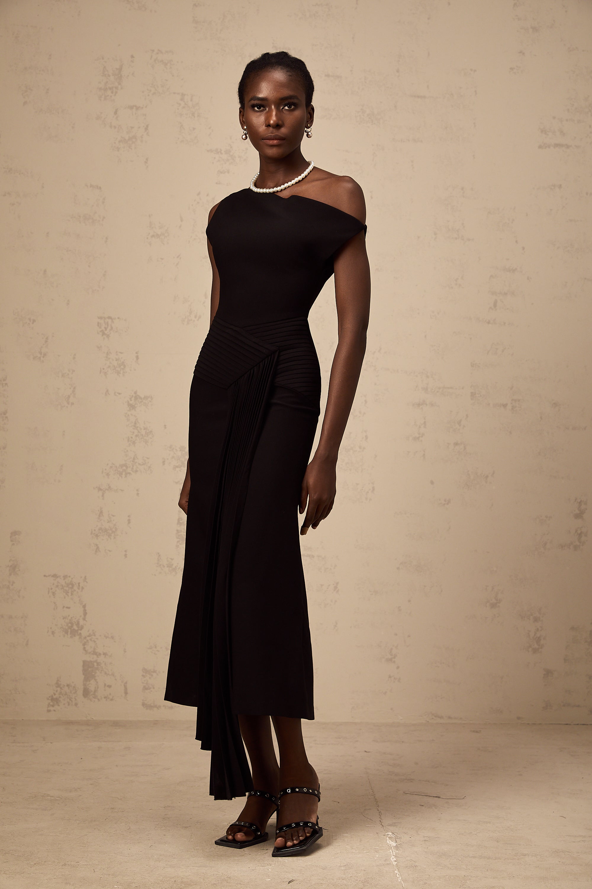 Laurine asymmetrical draped midi dress in Black (Final Sale)
