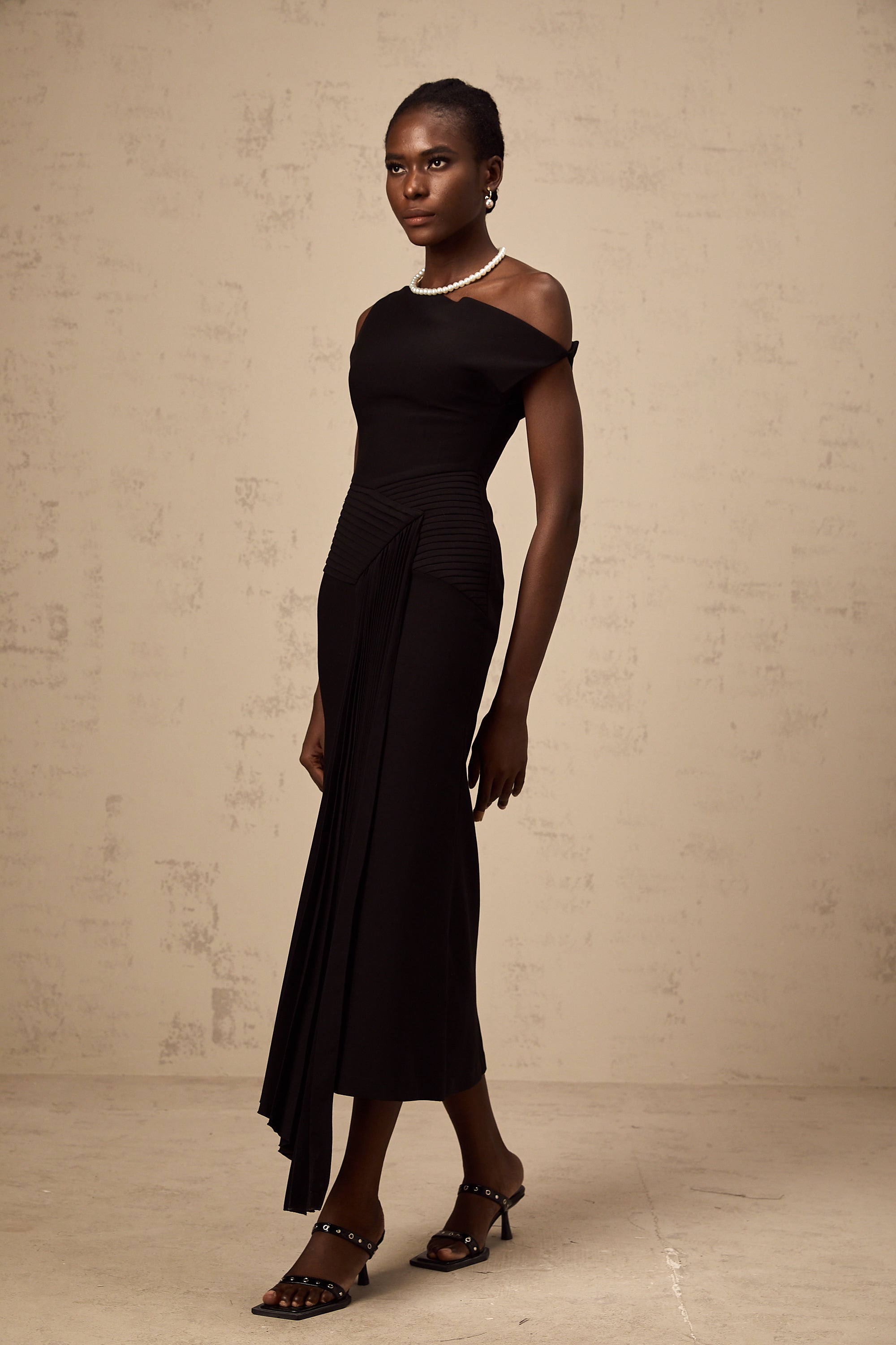 Laurine asymmetrical draped midi dress in Black