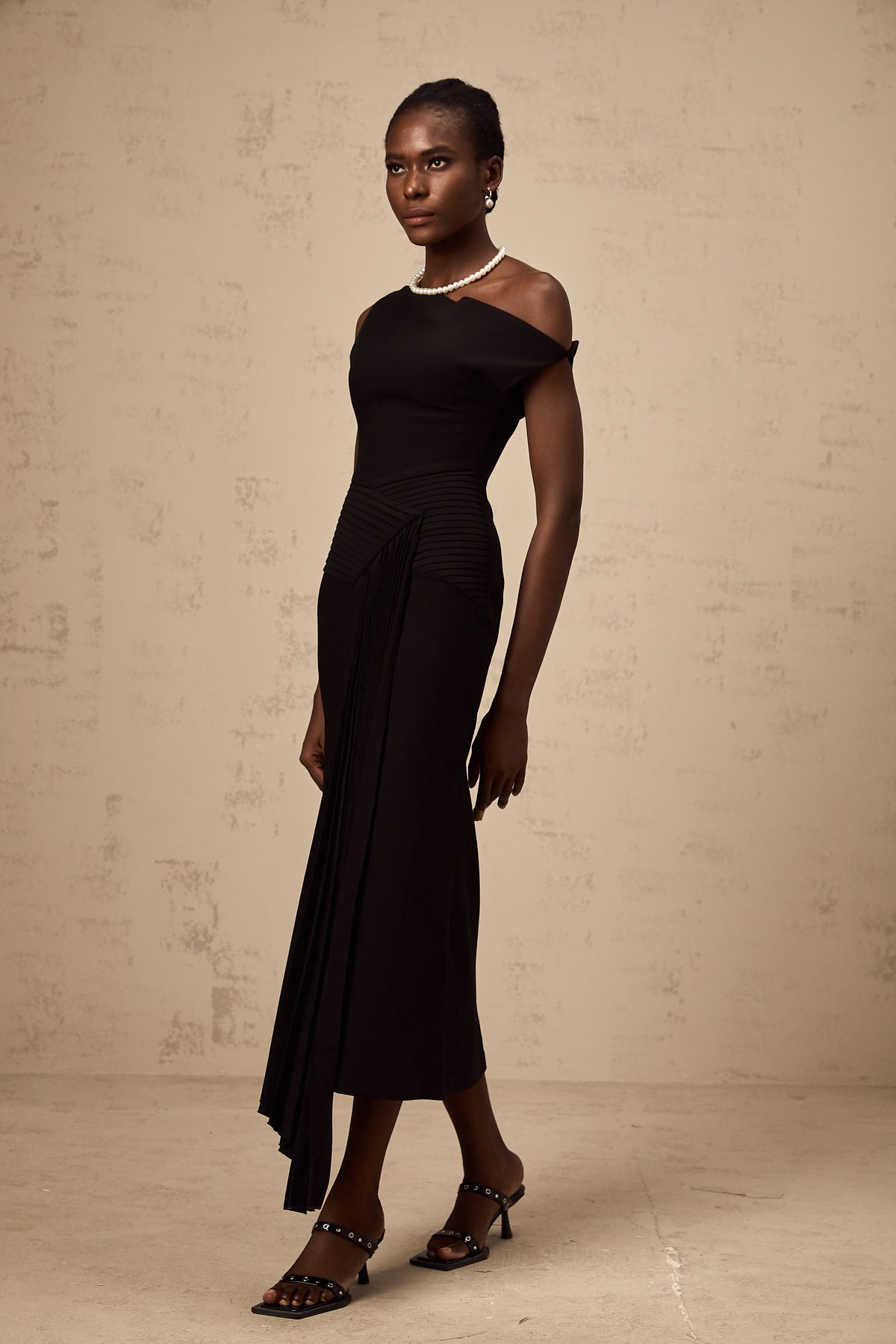 Laurine asymmetrical draped midi dress in Black (Final Sale)