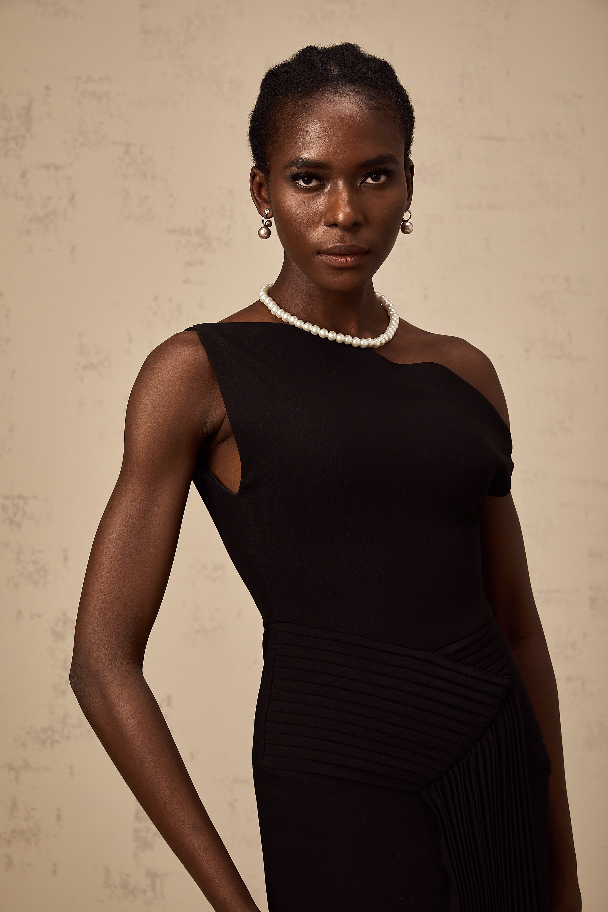 Laurine asymmetrical draped midi dress in Black