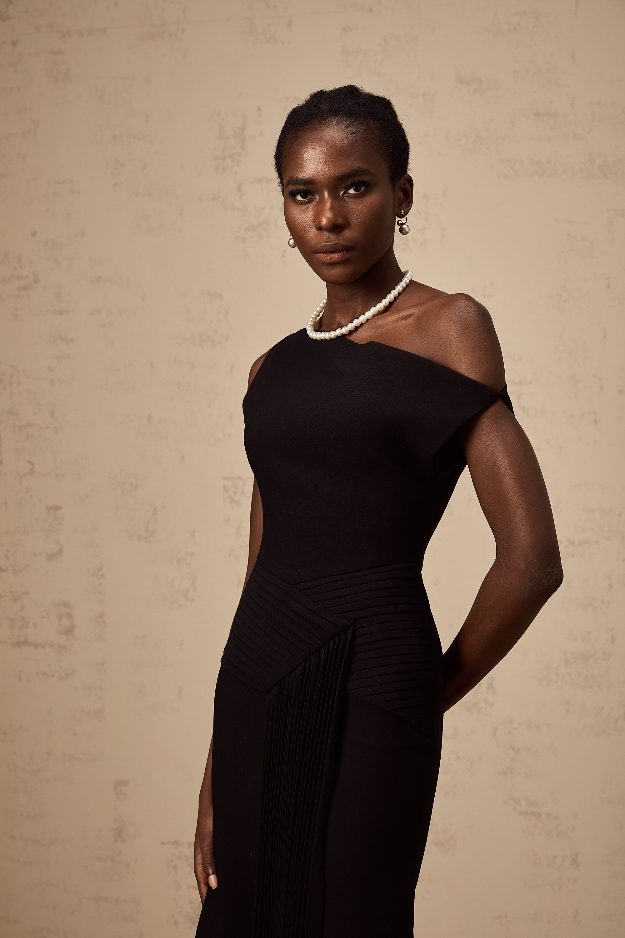 Laurine asymmetrical draped midi dress in Black