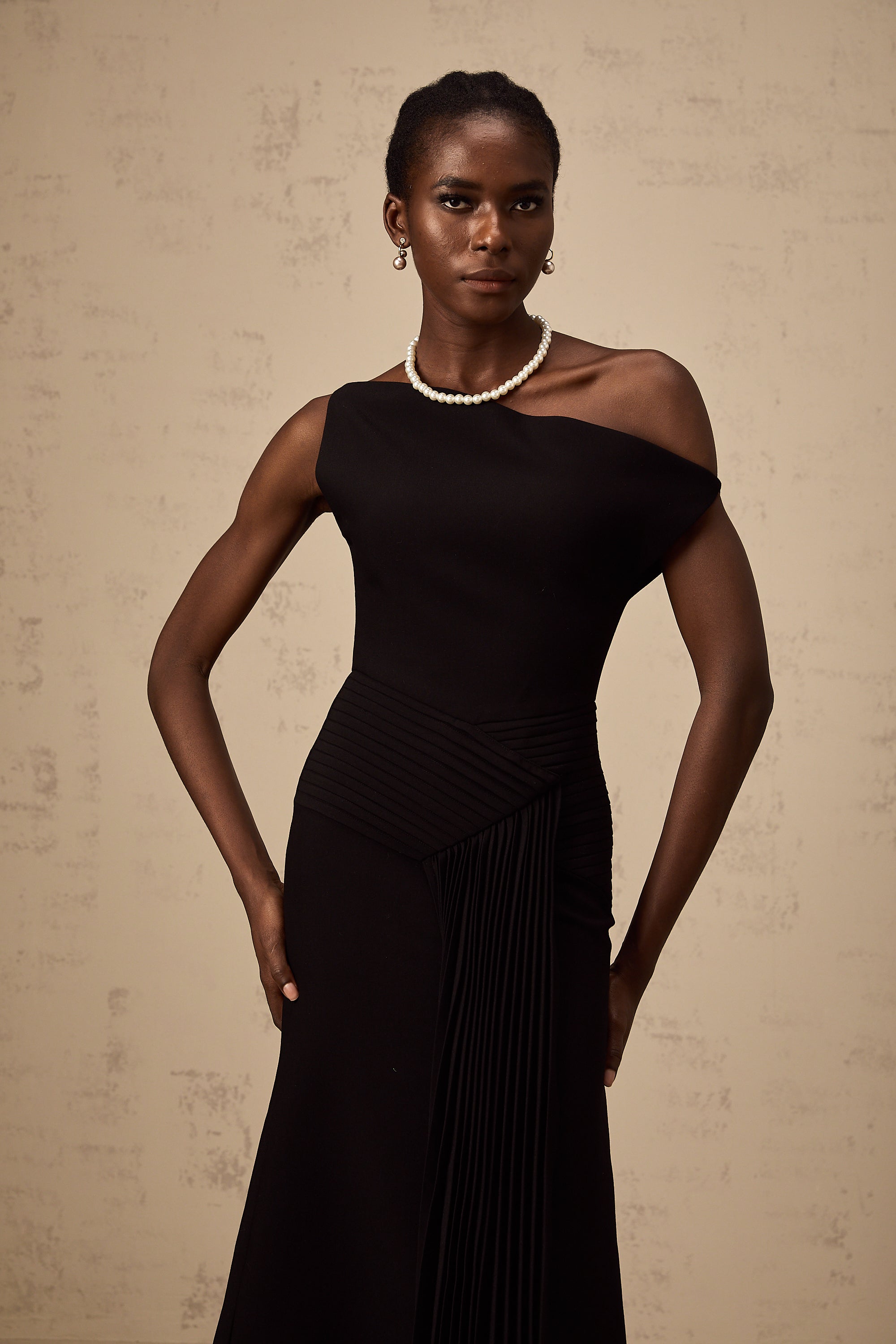 Laurine asymmetrical draped midi dress in Black