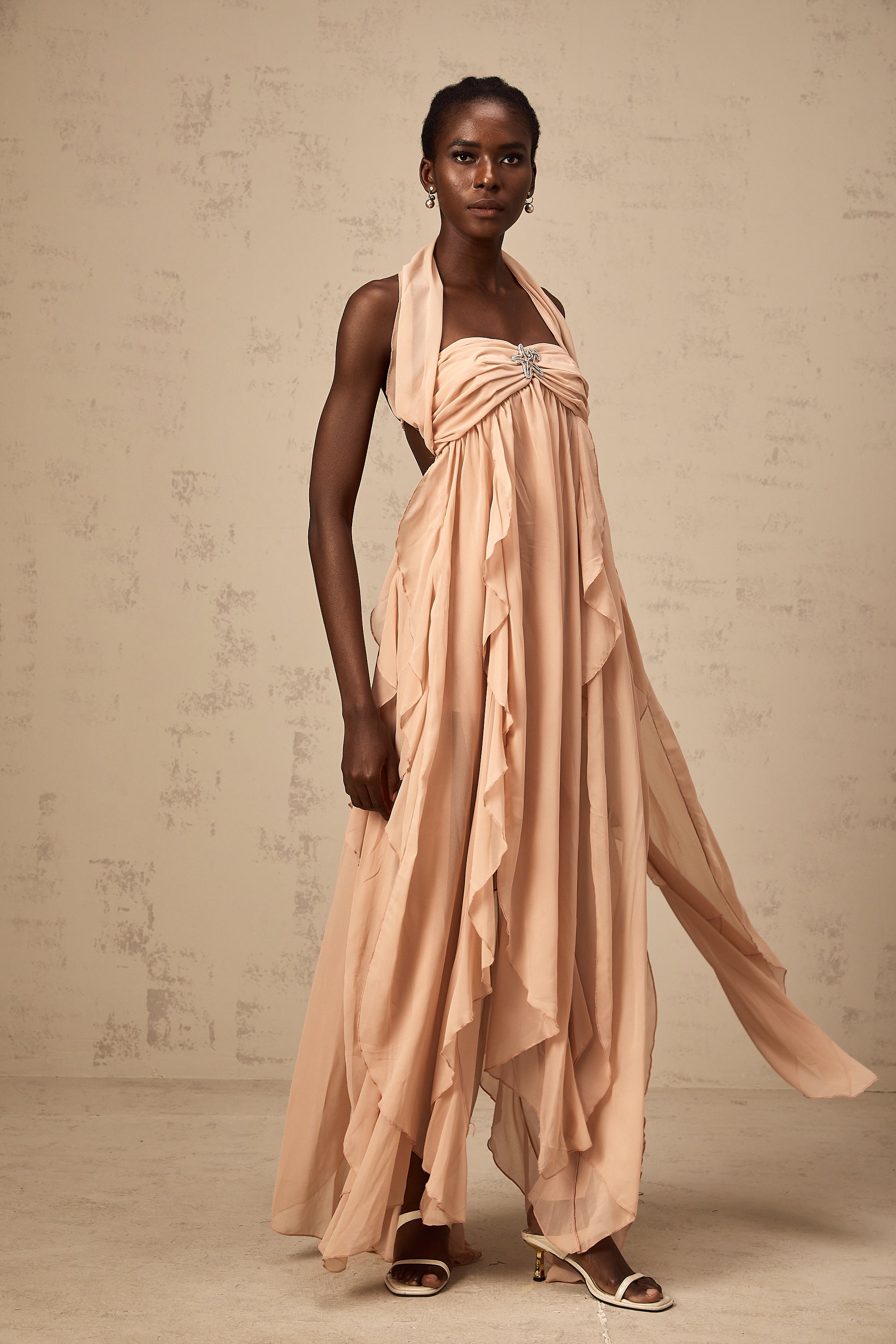 Mariah Pink Chiffon Ruffle Halterneck Maxi Dress (Final Sale-US Only)