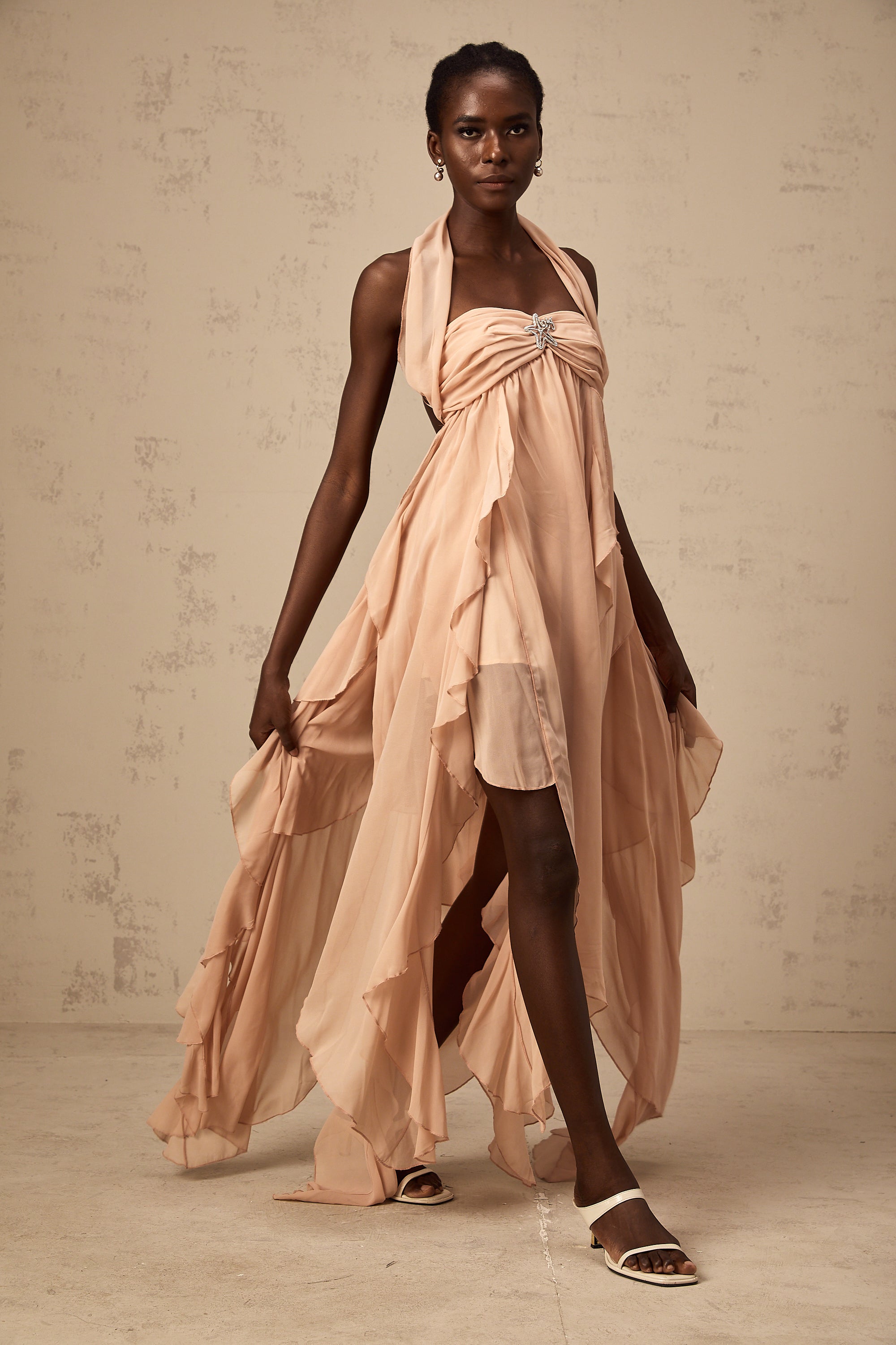 Mariah Pink Chiffon Ruffle Halterneck Maxi Dress (Final Sale-US Only)