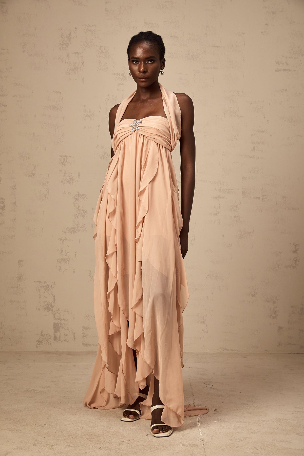 Mariah Pink Chiffon Ruffle Halterneck Maxi Dress (Final Sale-US Only)