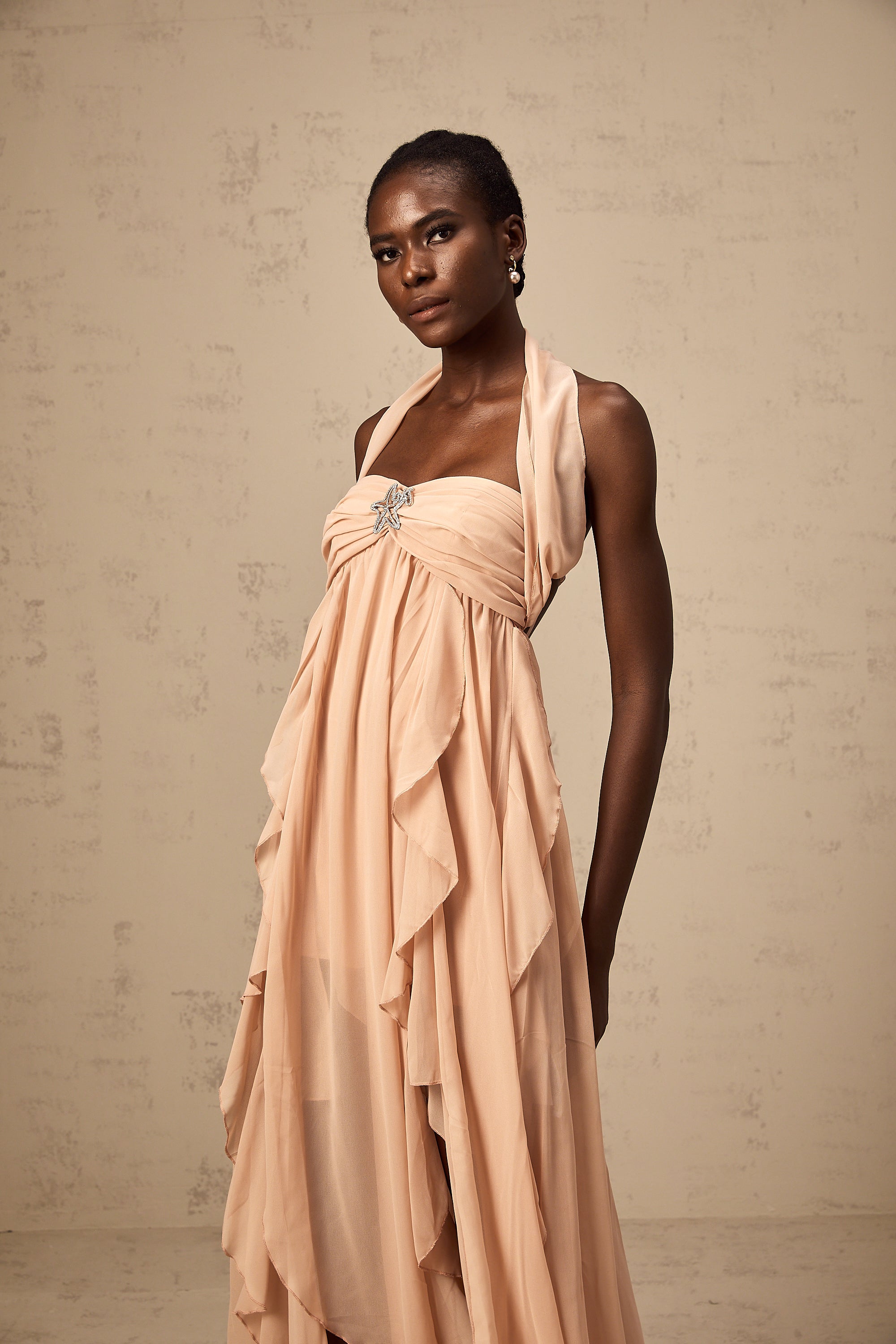 Mariah Pink Chiffon Ruffle Halterneck Maxi Dress (Final Sale-US Only)
