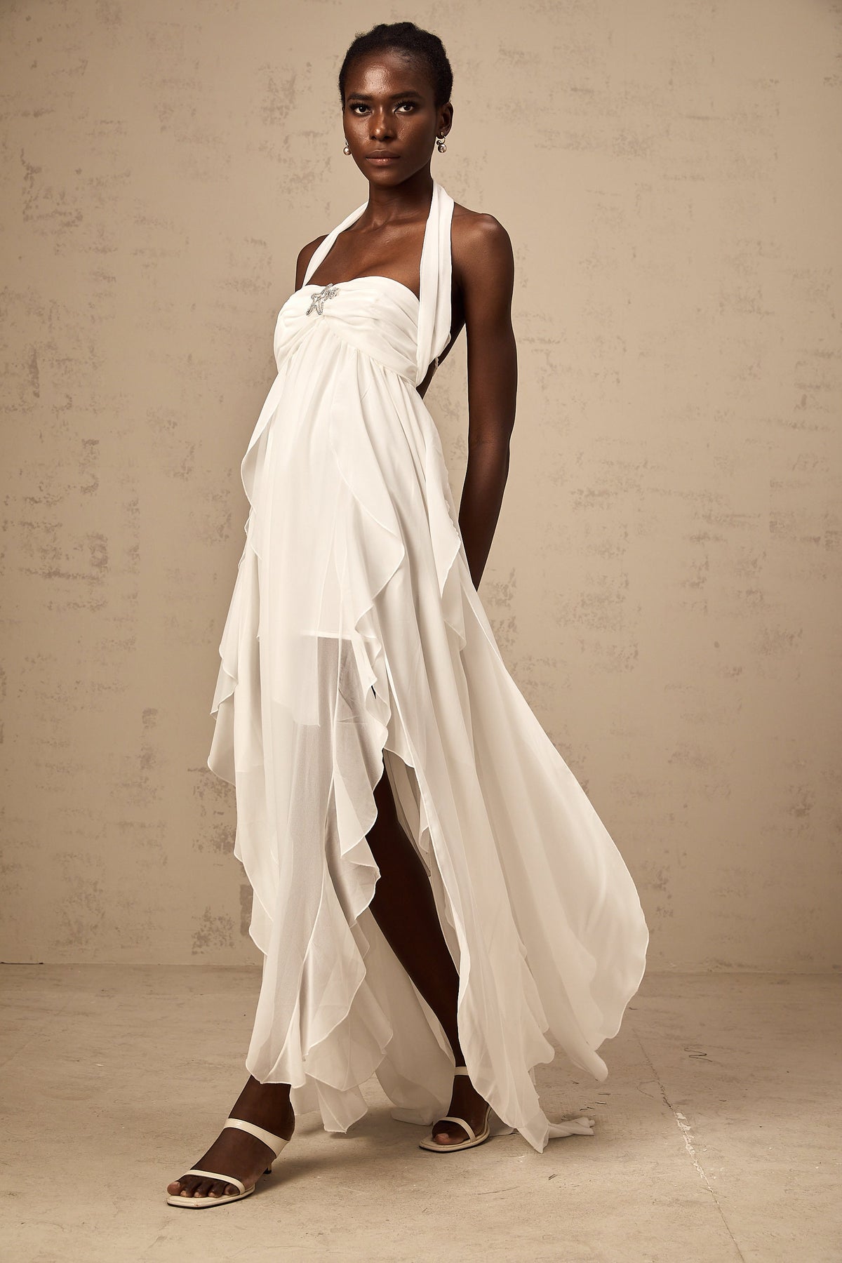 Mariah white chiffon ruffle halter neck maxi dress
