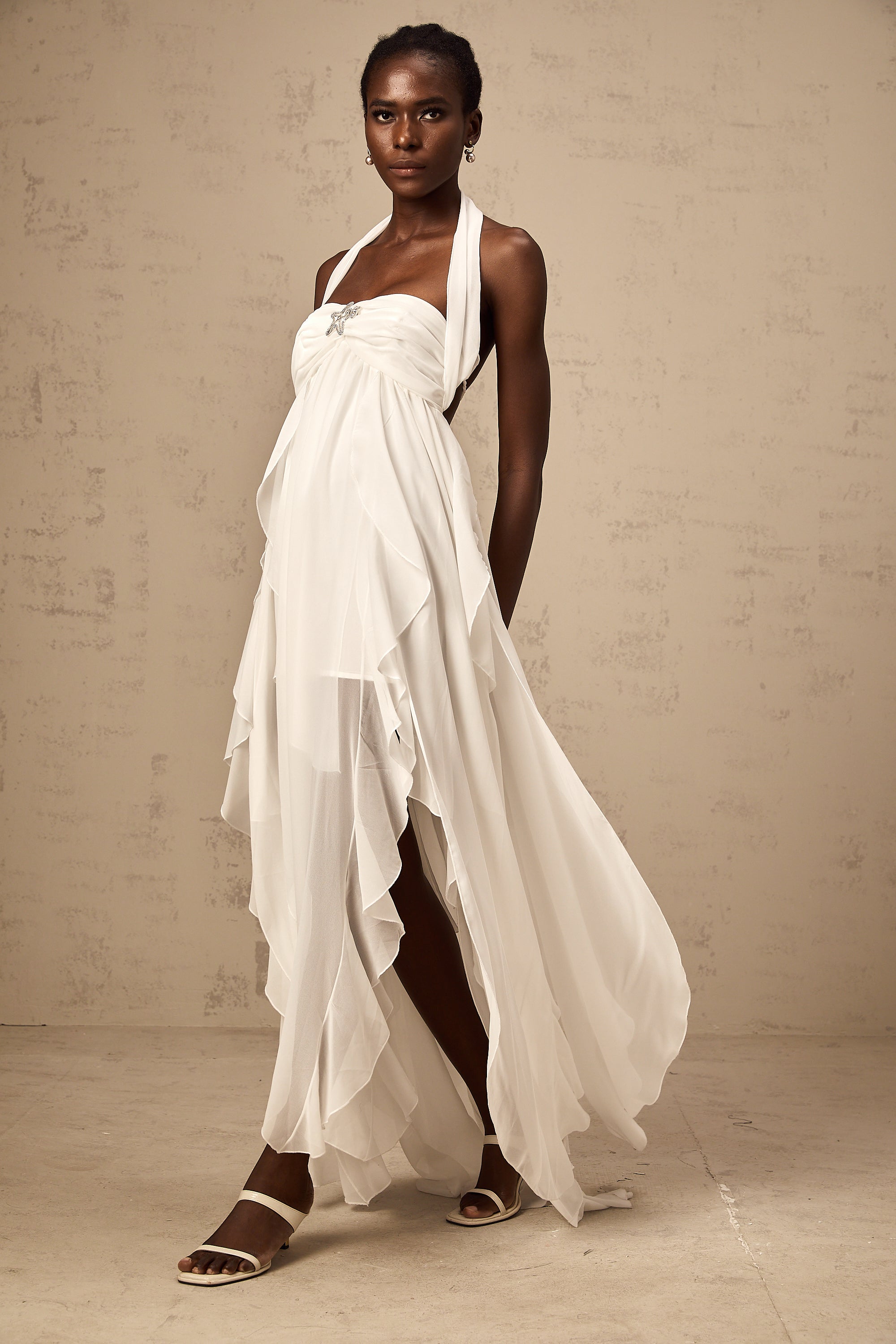 Mariah white chiffon ruffle halter neck maxi dress