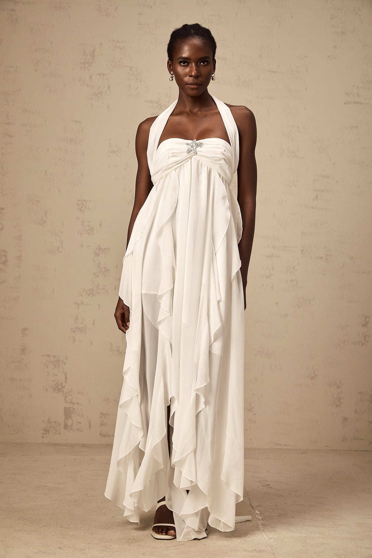 Mariah white chiffon ruffle halter neck maxi dress