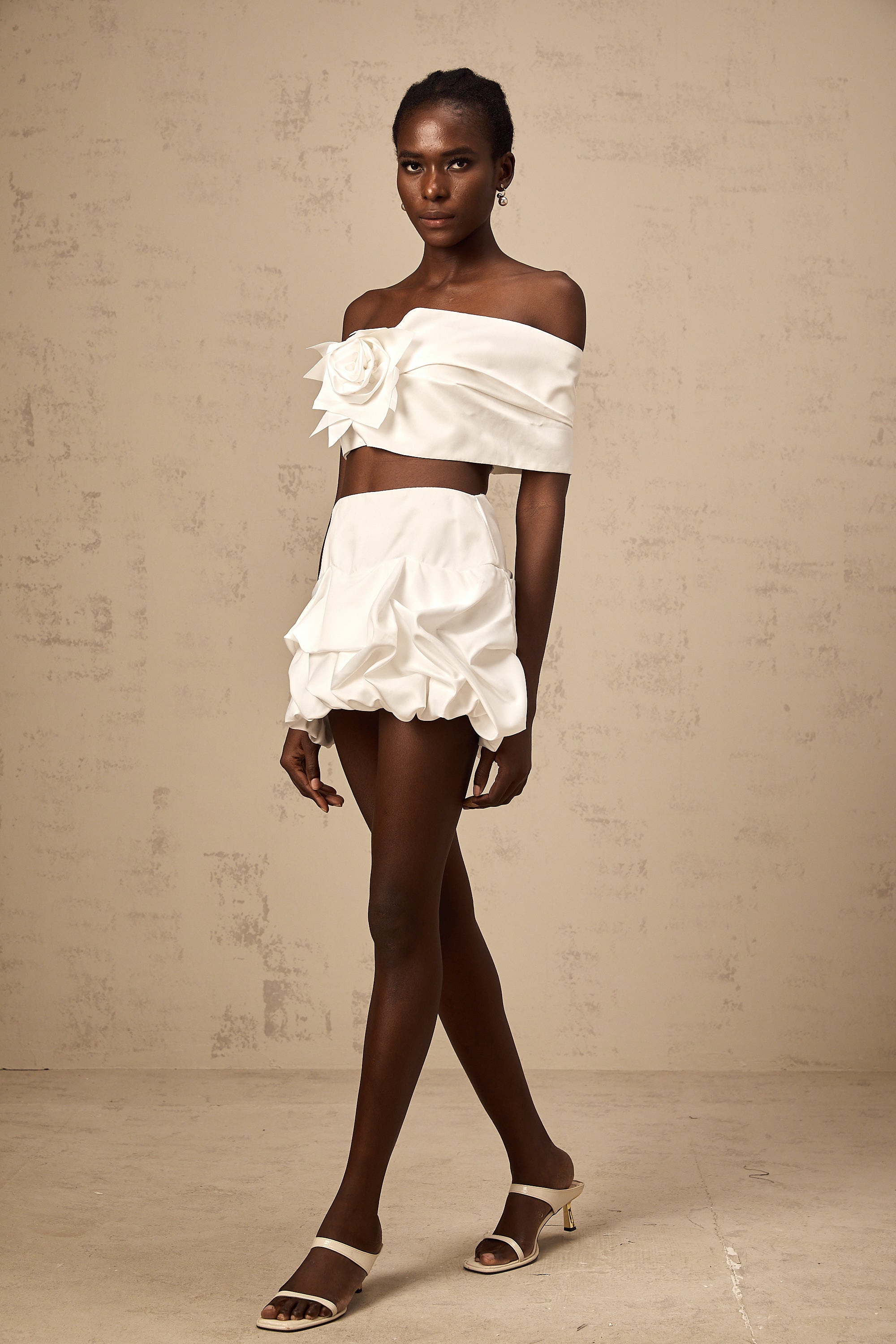Honorine white floral pleated top & skirt matching set