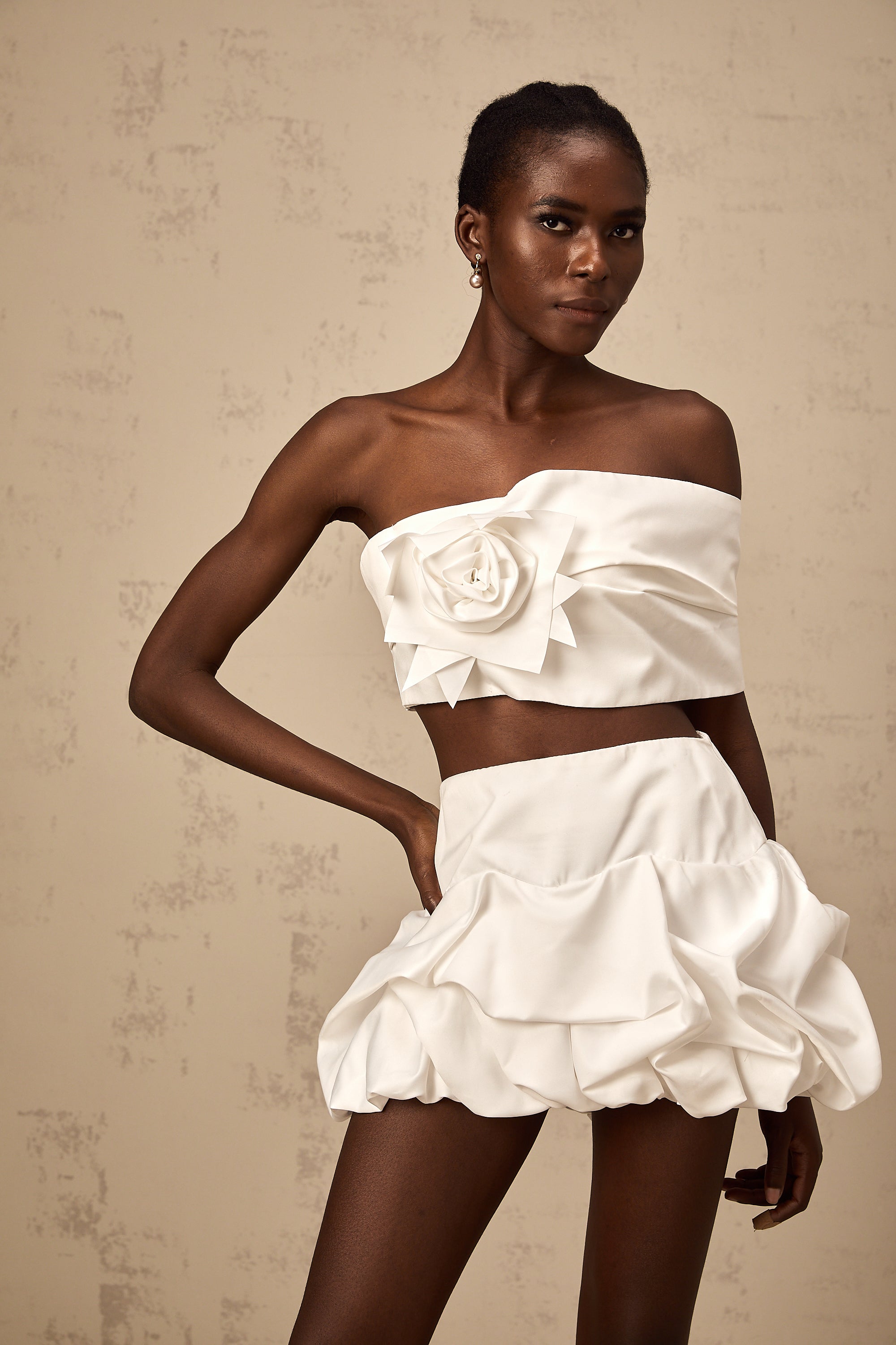 Honorine white floral pleated top & skirt matching set