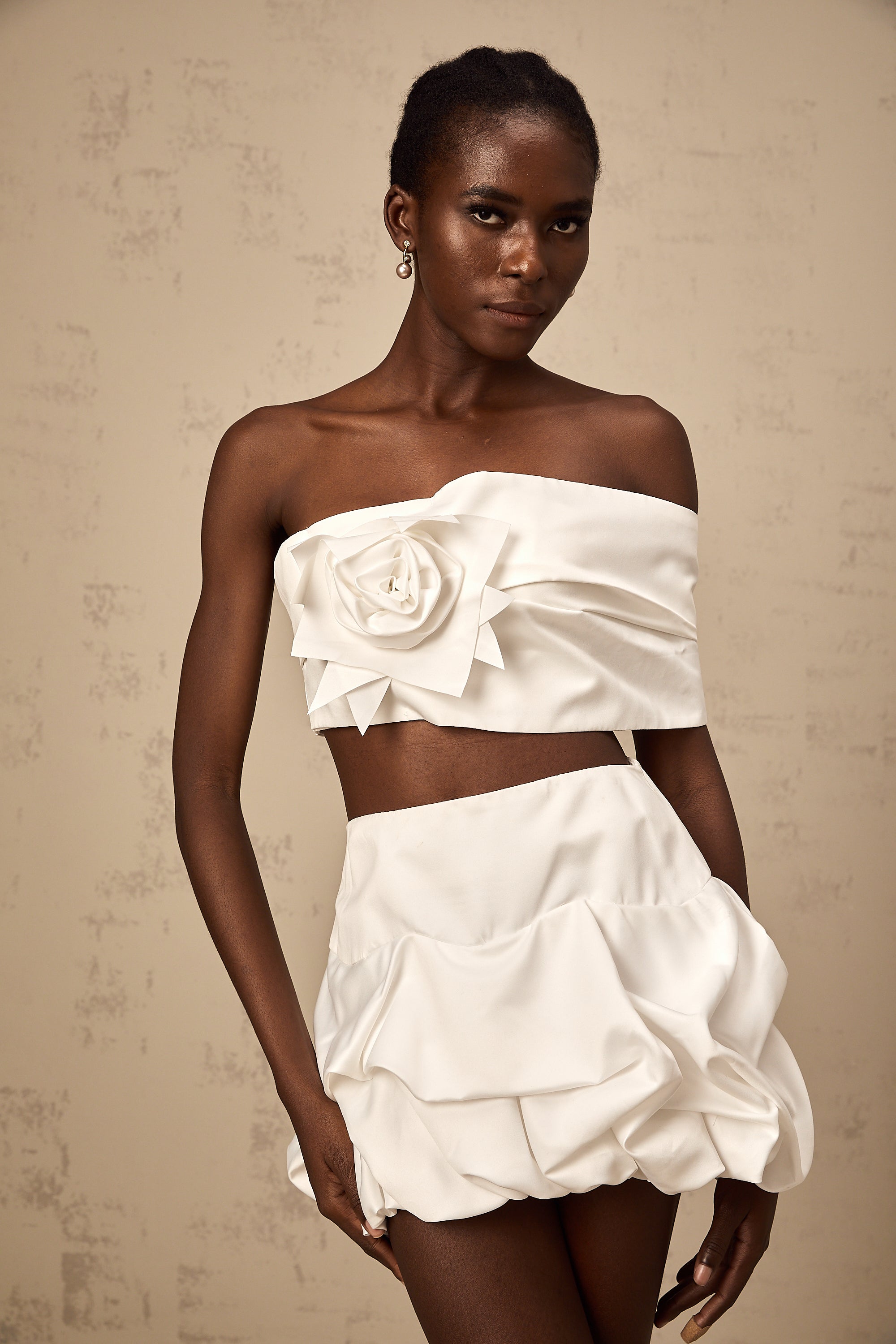 Honorine white floral pleated top & skirt matching set