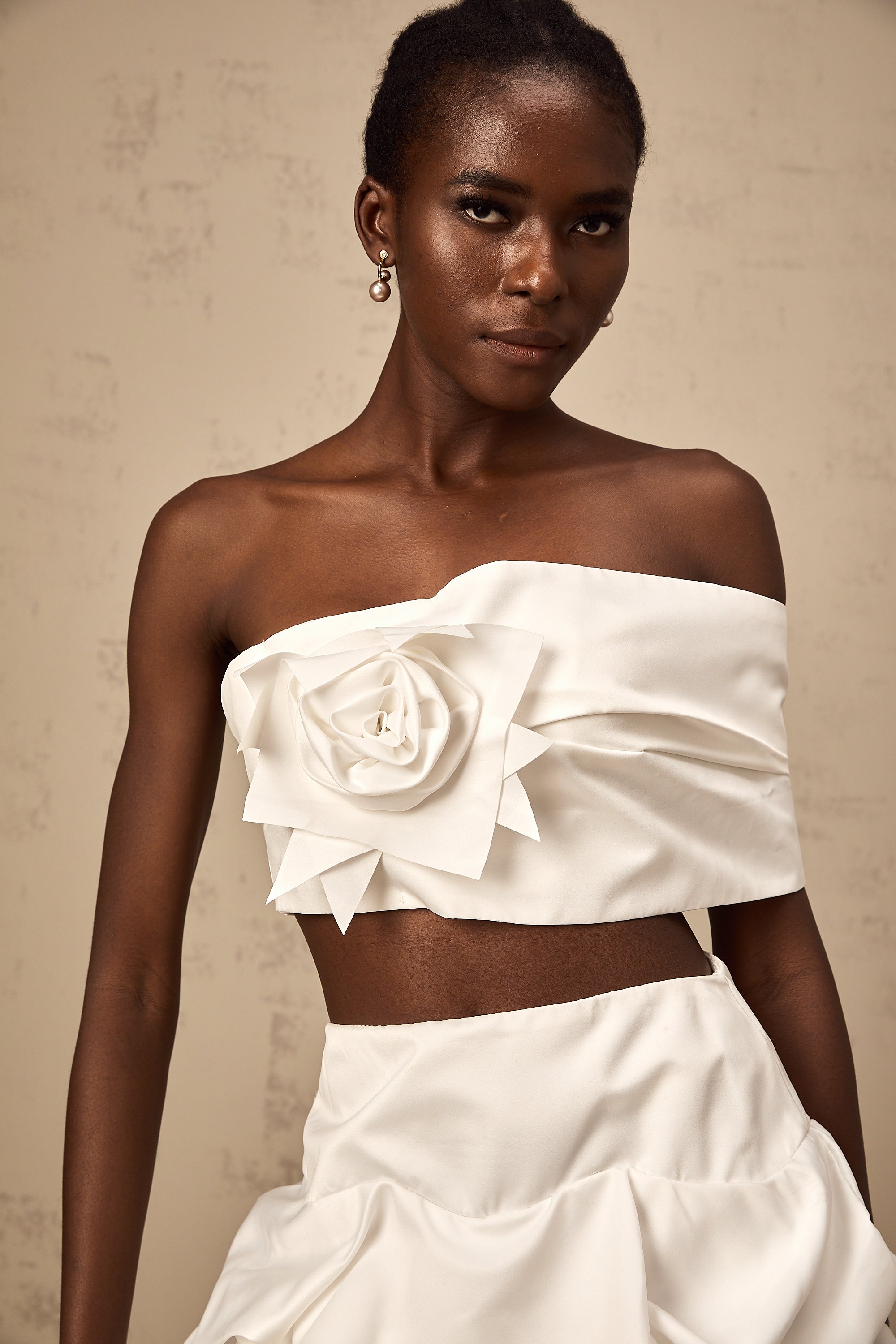 Honorine white floral pleated top & skirt matching set