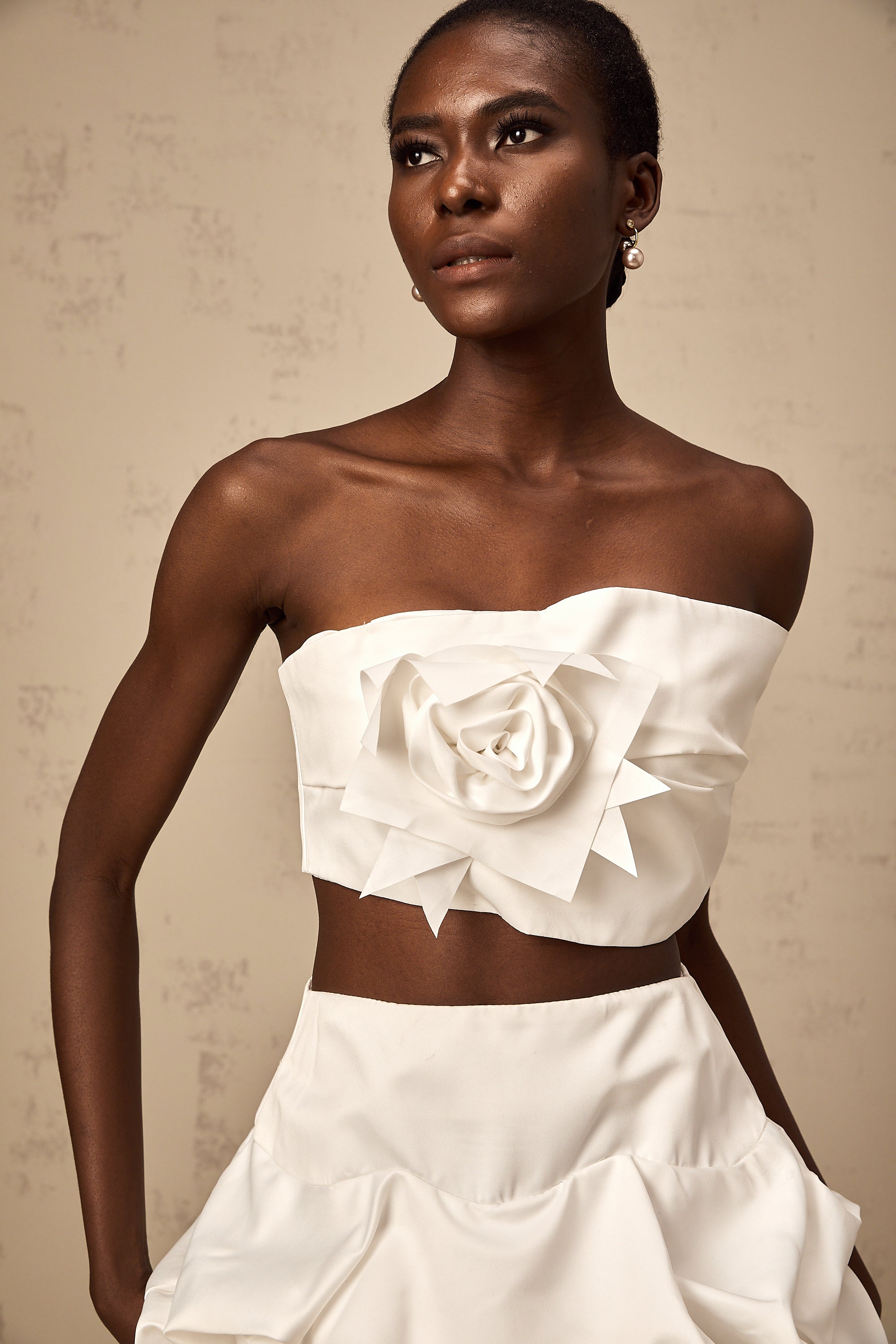 Honorine white floral pleated top & skirt matching set