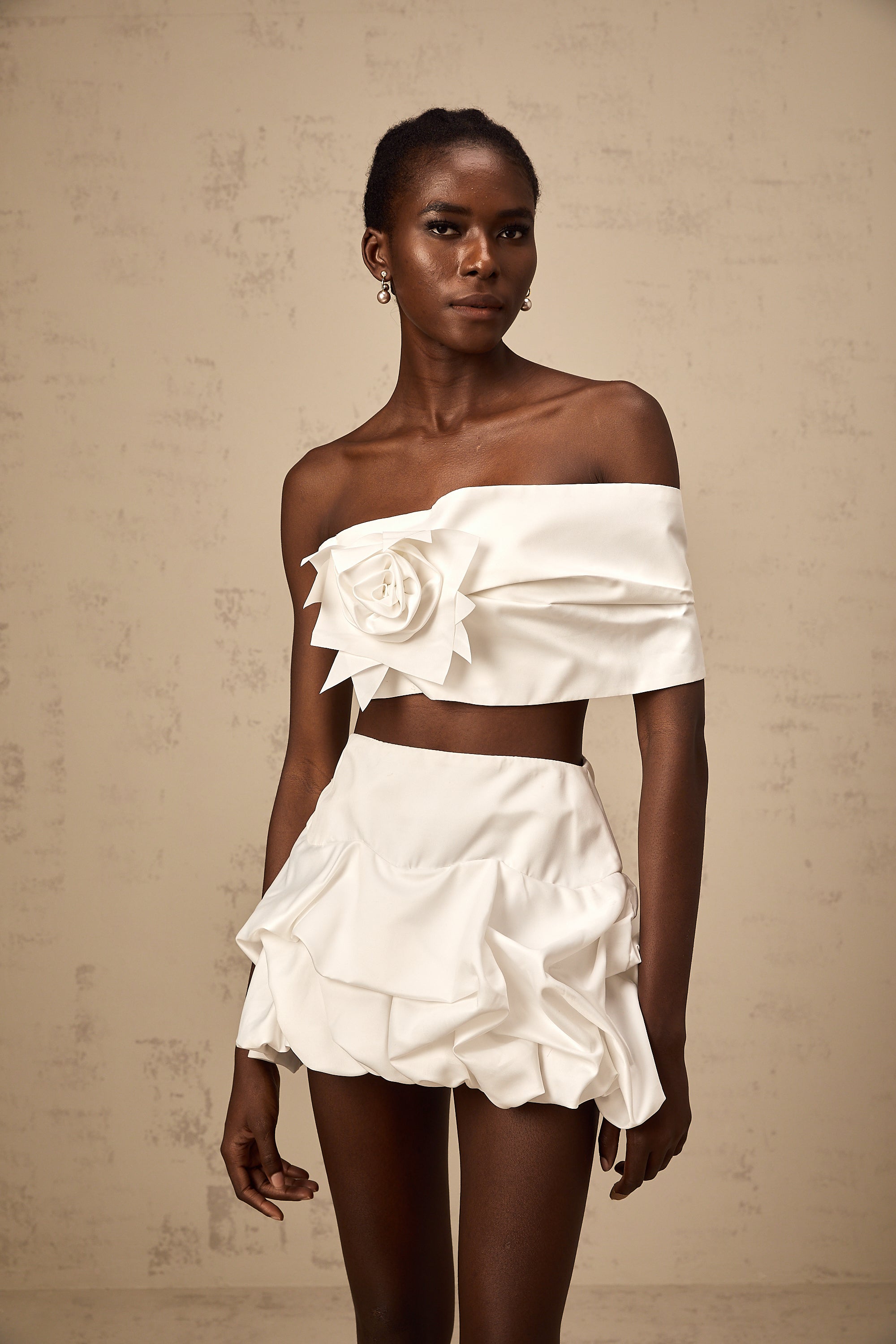 Honorine white floral pleated top & skirt matching set