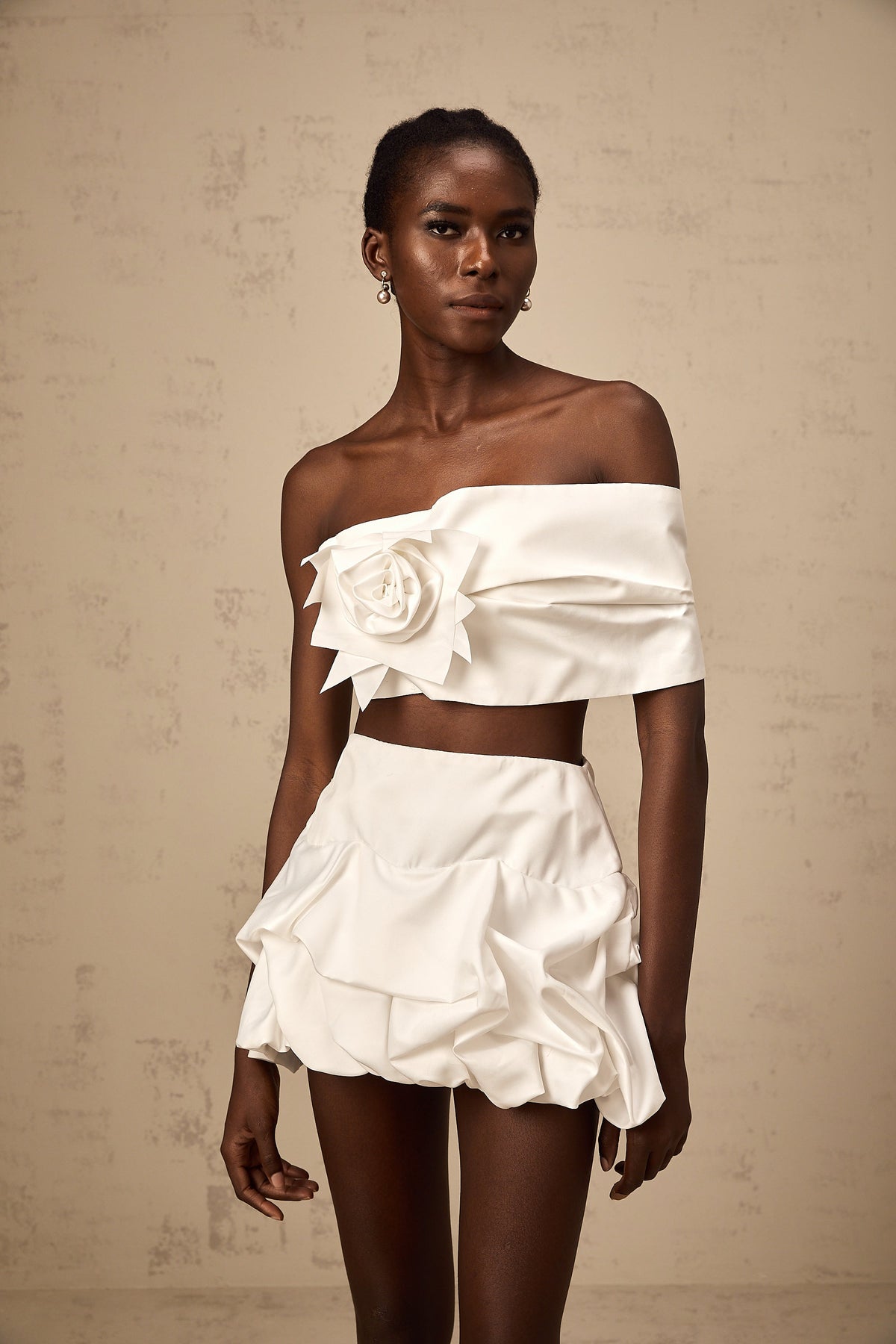 Honorine white floral pleated top & skirt matching set