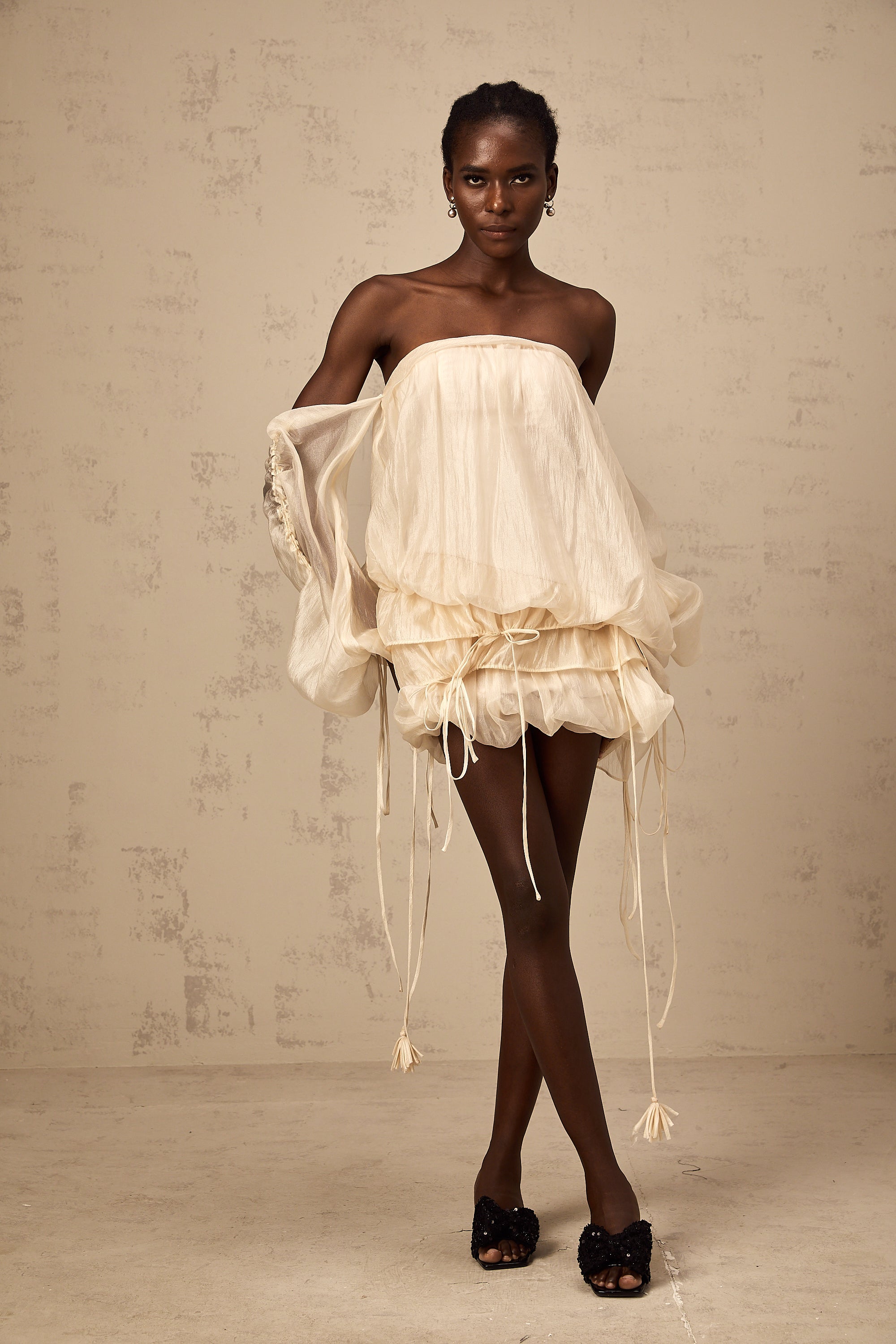 Joëlle self-tie ruched layered off-shoulder mini dress