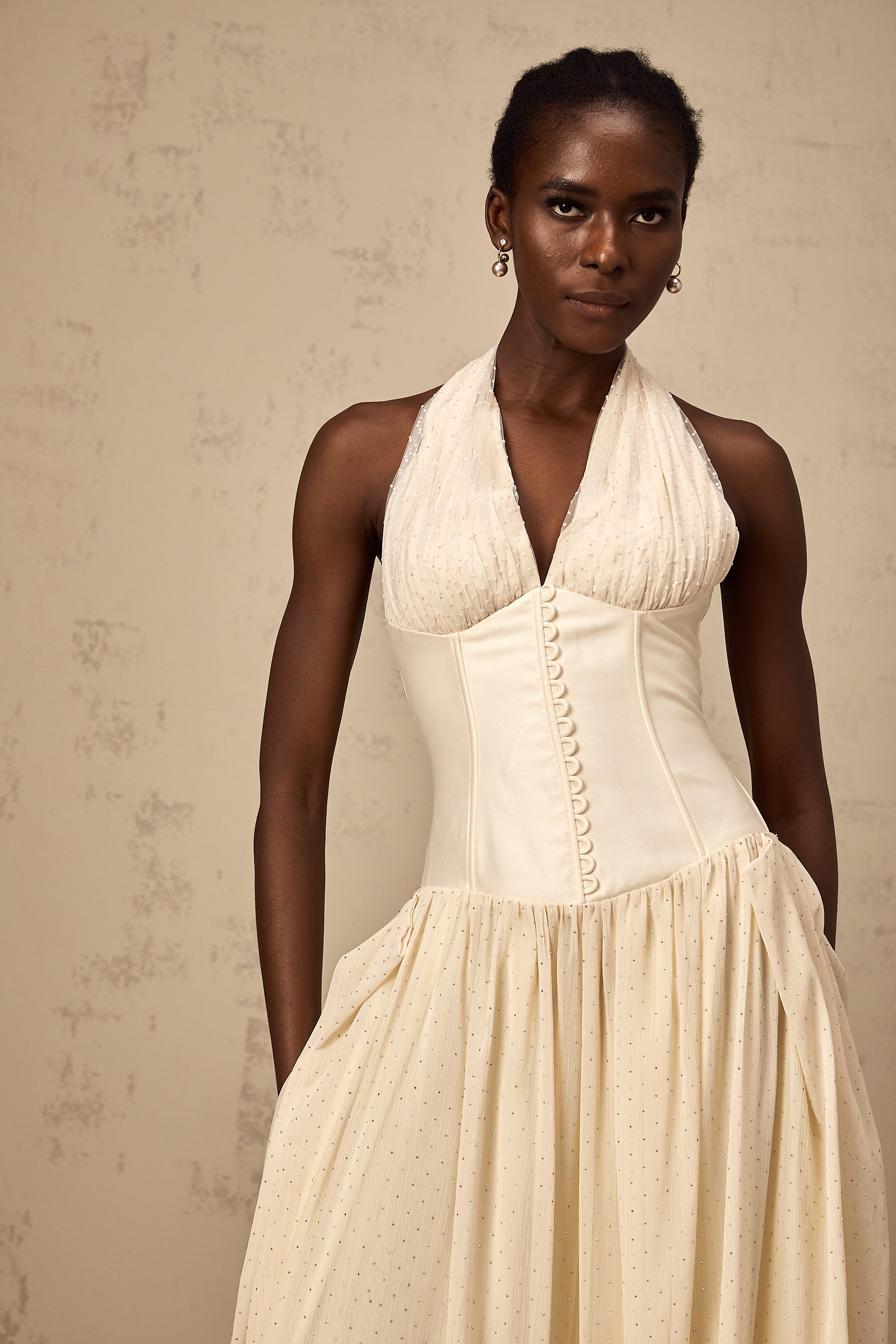 Charlotte halterneck tulle midi dress (Final Sale)