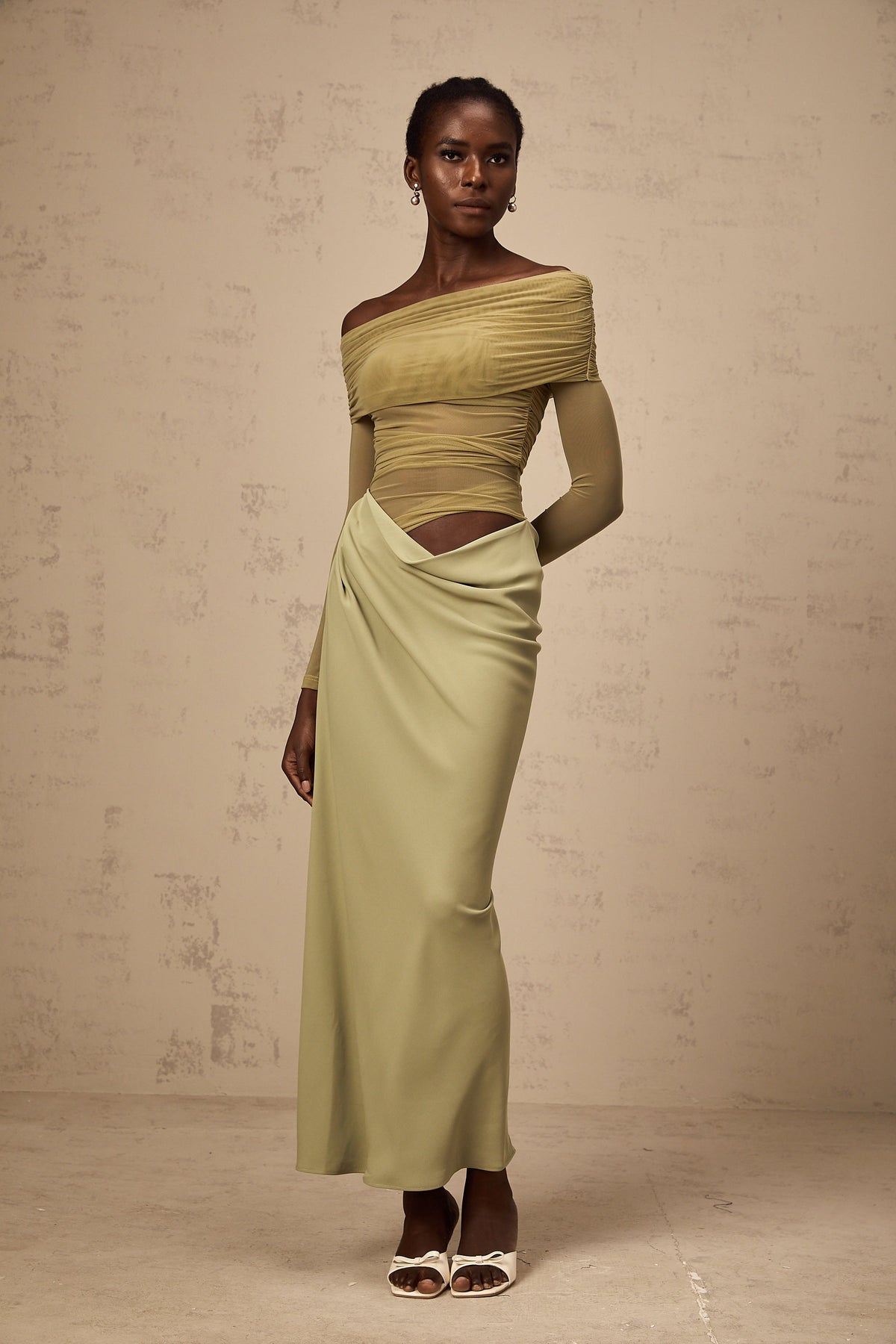 Estelle off-shoulder semi-sheer midi dress in Green