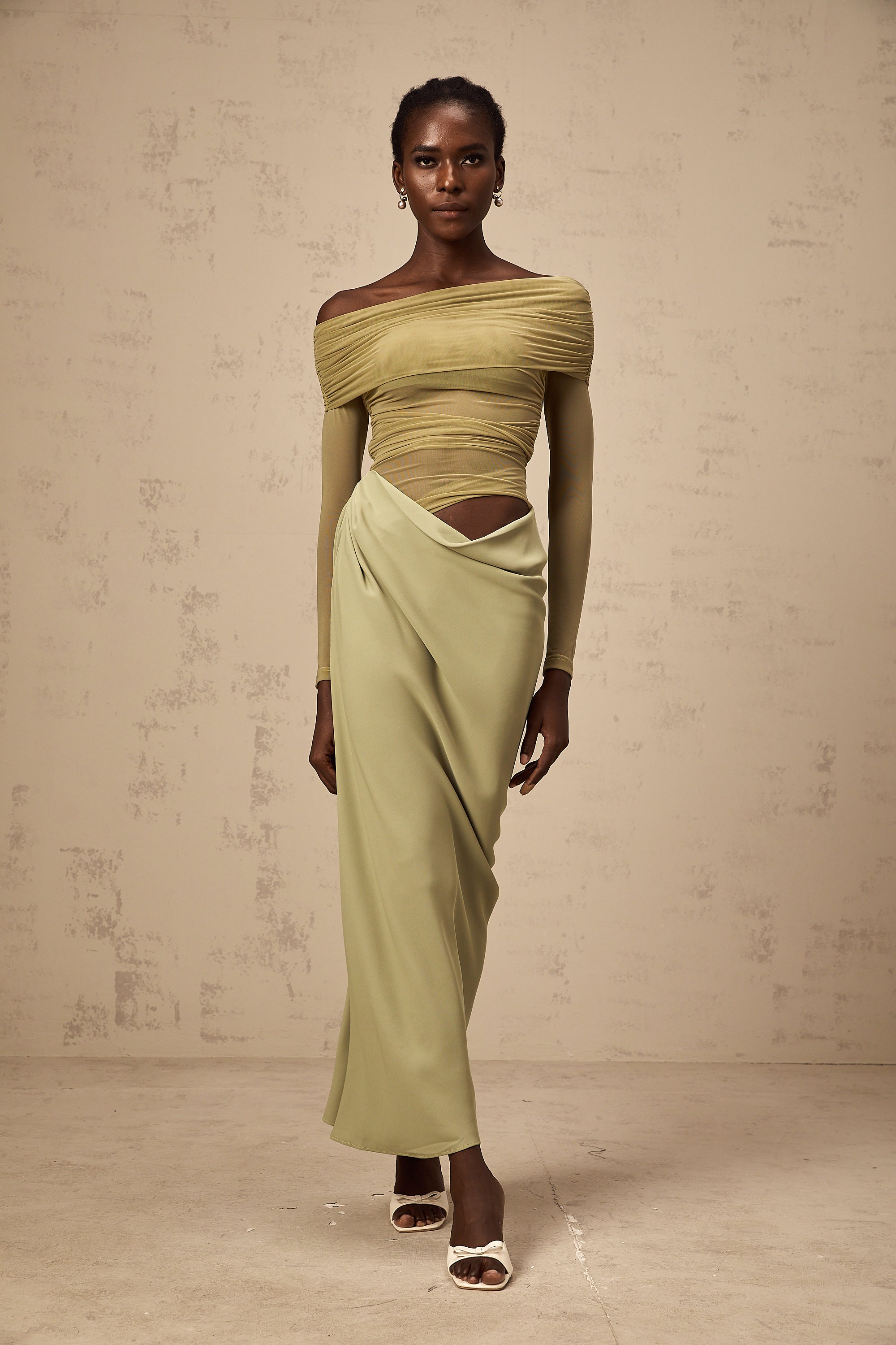 Estelle off-shoulder semi-sheer midi dress in Green