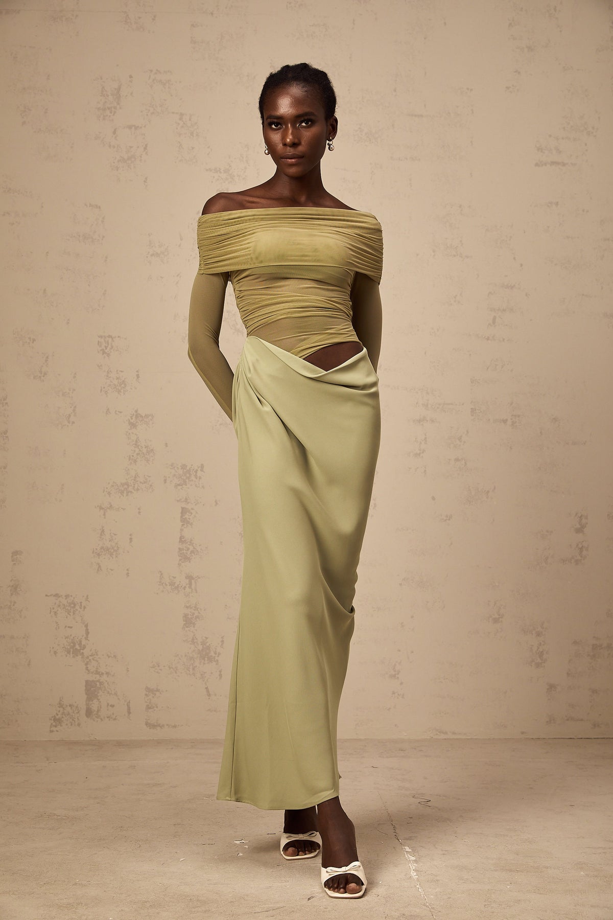 Estelle off-shoulder semi-sheer midi dress in Green